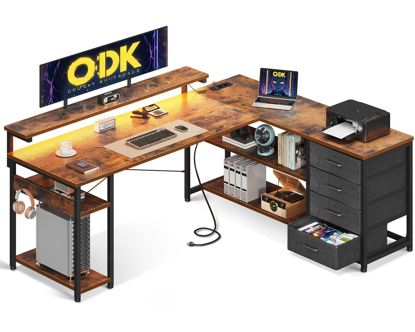 ODK Schreibtisch mit Schubladen, Reversible Eckschreibtisch mit 2 Steckdosen und 2 USB Ladeanschluss, Bürotisch L Form mit LED für Home Office 155×110cm (Alles Weiß)