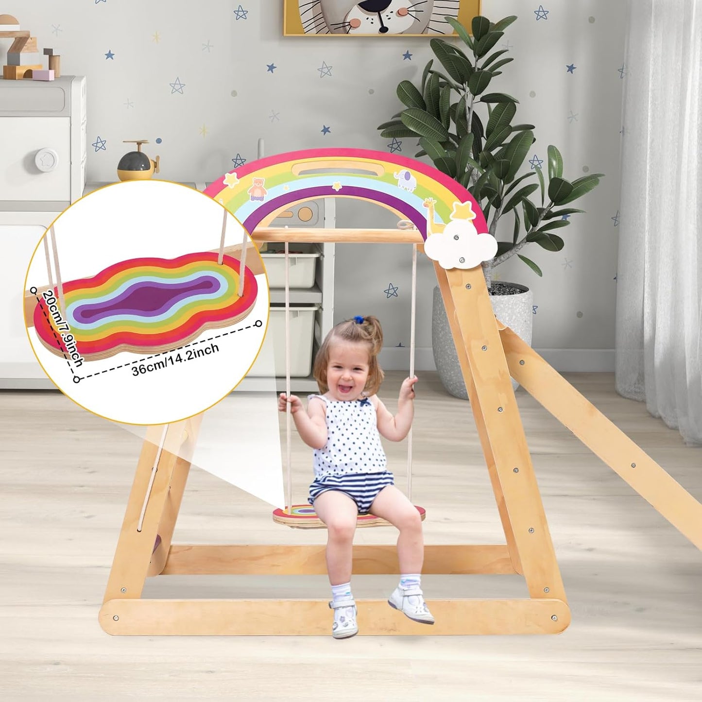 Yosamy Montessori Klettergerüst, 5 in 1 Indoor Spielplatz für Kinder, Holz Klettergerüst mit Schaukel, Bogen, Rutsche, Kletterseil