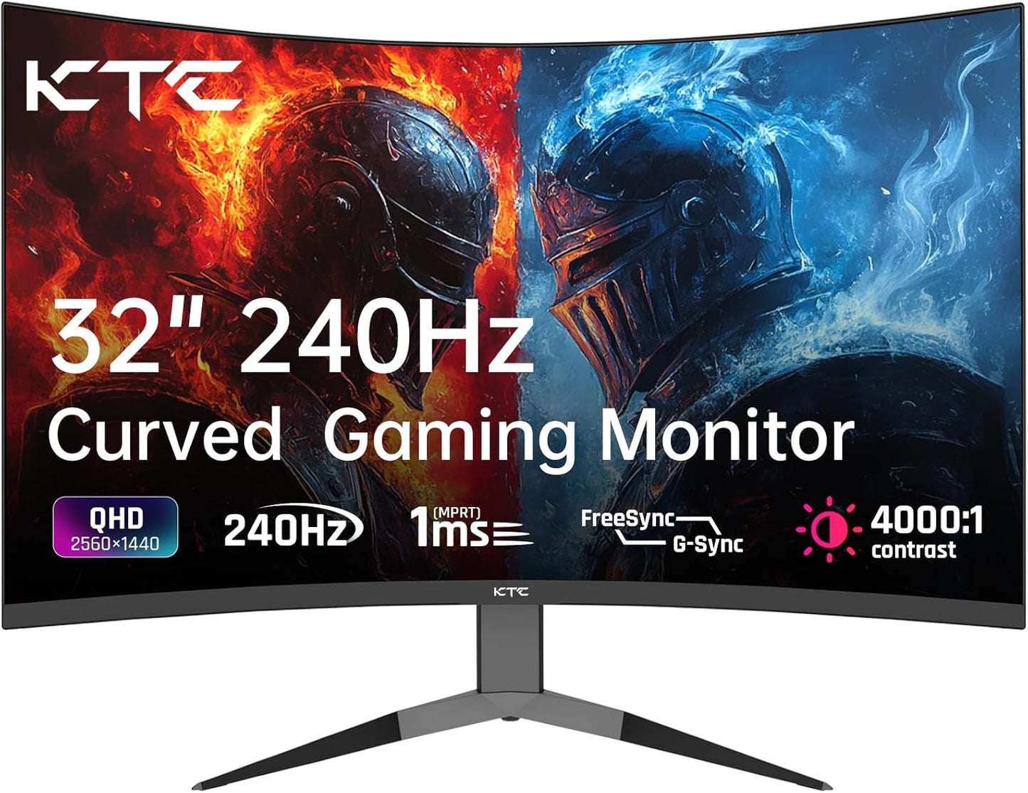 KTC 32 Zoll Monitor Curved 1000R, 2K WQHD (2560x1440p) 240Hz Gaming Monitor, 1ms, Adaptive Sync, 122% sRGB, 4000:1 Kontrast, 2 x DP 1.4 (240Hz), 2 x HDMI 2.0 (144Hz), Unterstützung von Tilt und VESA