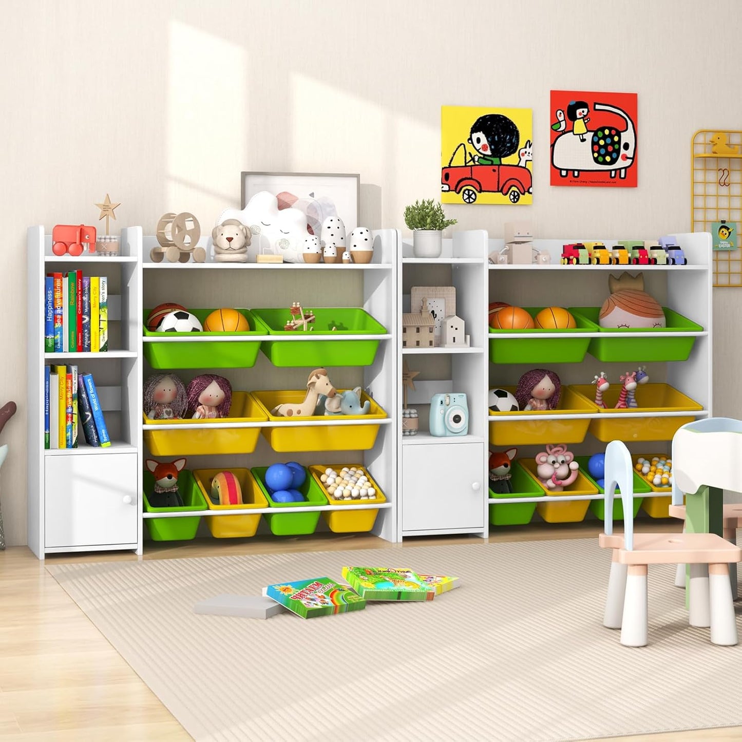 COSTWAY 4-stöckiges Kinderregal, Spielzeugregal mit 8 Aufbewahrungsboxen, 2 offenen Regalen & Schrank, Spielzeug-Organizer Bücherregal für Spielzimmer, Kindergarten, Kinderzimmer, 120 kg belastbar