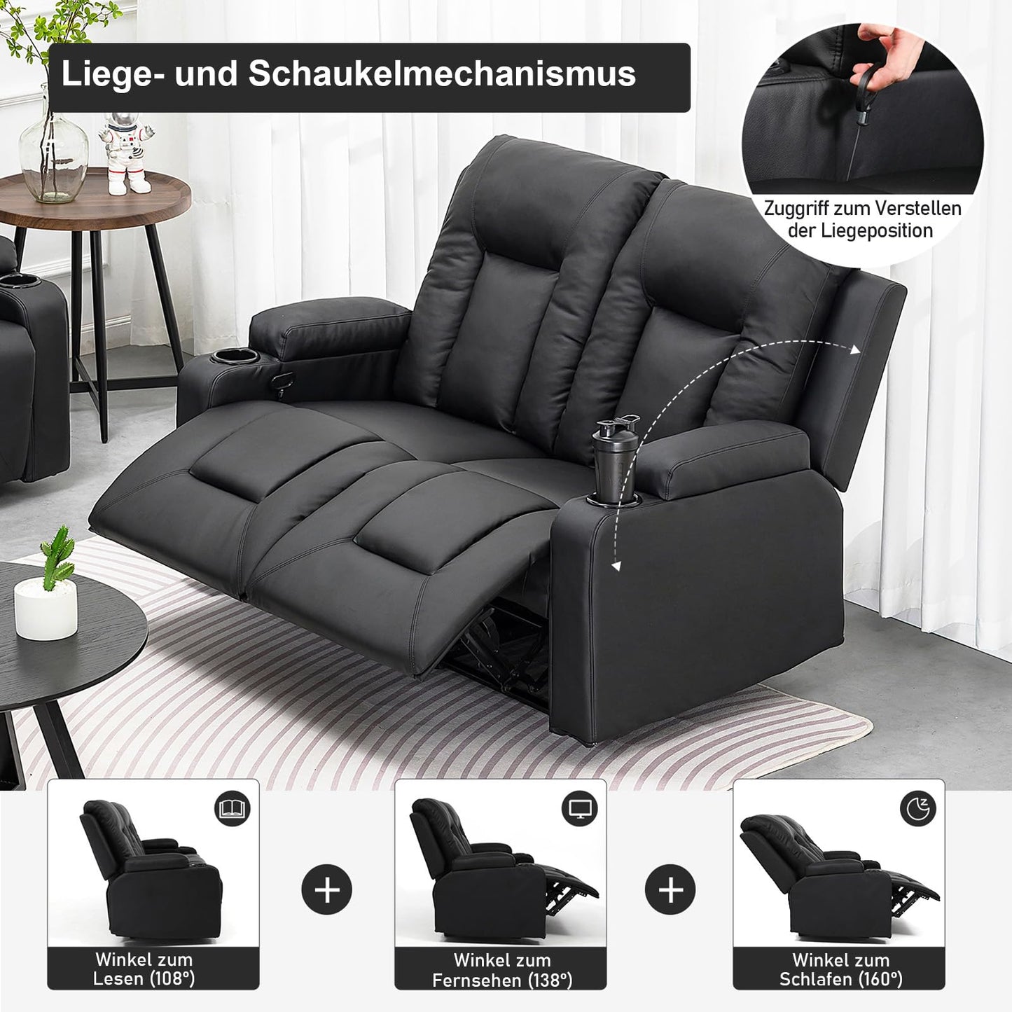 COMHOMA Relaxsessel-Set, Sofa, Sofa-Set aus Kunstleder, Fernsehsessel Ruhesessel Liegesessel mit Liege-Funktion Polstersessel Schlafsessel für Wohnzimmer Schlafzimmer Heimkino,Schwarz, 3+2+1