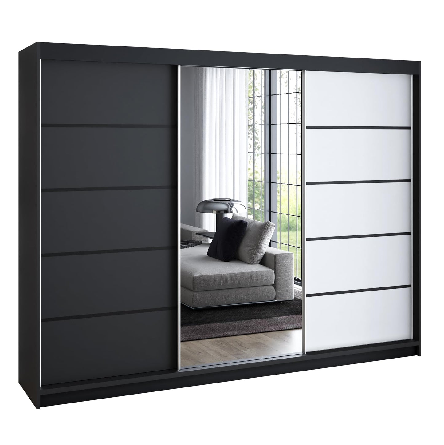 A&J MöbelLand Schwebetürenschrank VILANO 2, 3-türig Schrank 200 cm Kleiderschrank mit 4 Schubladen, und Spiegel (Weiß, Schwarz, Somona) (Schwarz/schwarz/schwarz)