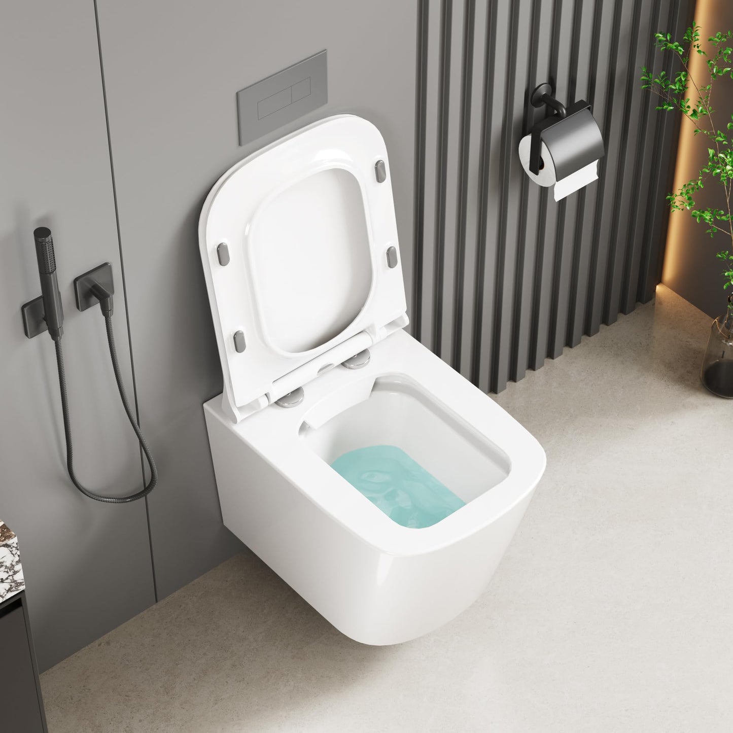 Hängend WC Spülrandlos Toilette, Wand-WC Set aus Keramik mit Toilettendeckel Abnehmbaren Absenkautomatik Effizienter Spültechnik Hängetoilette, D-Form,Lang 51cm, Weiß