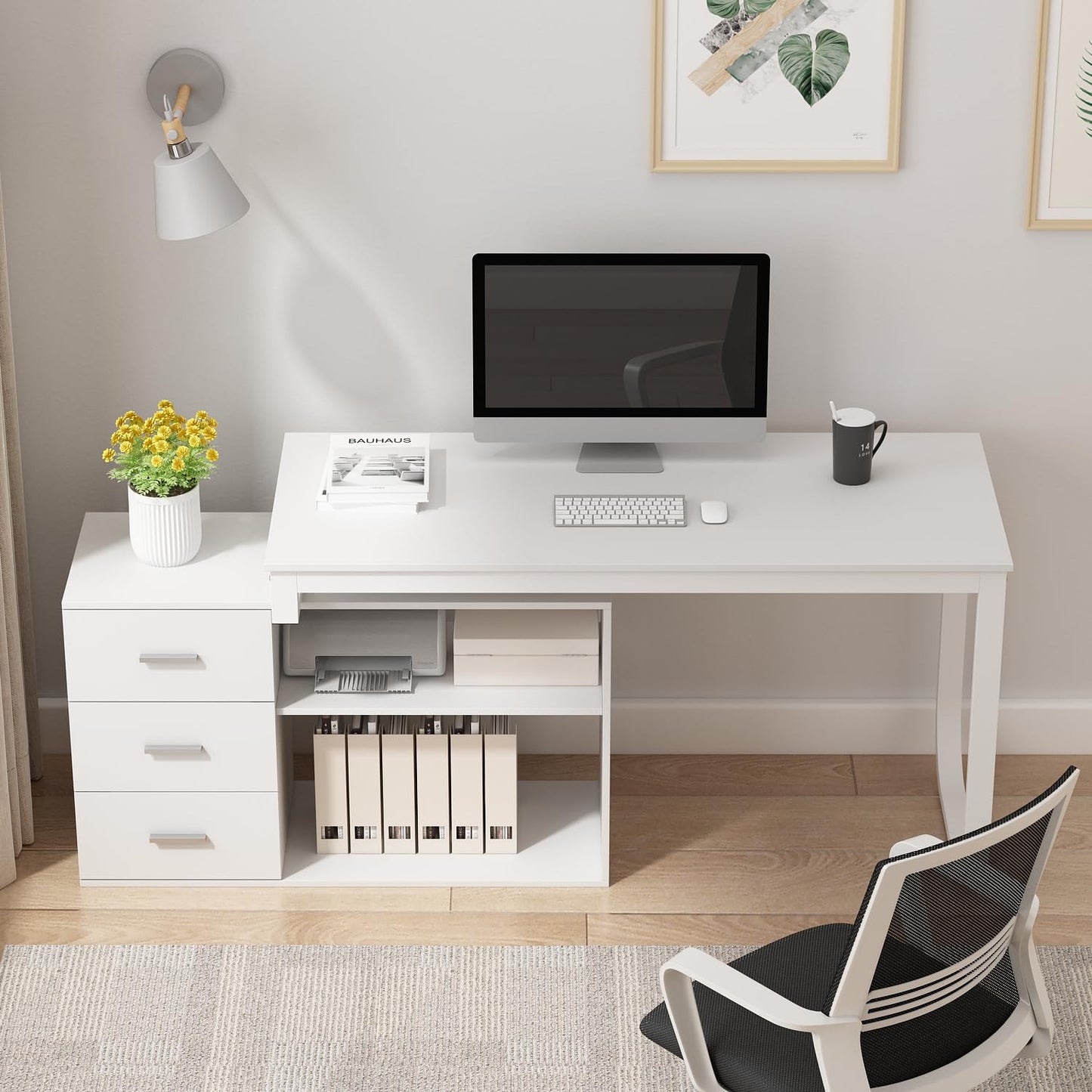 130cm Großer L Förm Schreibtisch mit 105cm Aktenschrank, Eckschreibtisch Computertisch mit 3 Schubladen & 2 Regalen, Arbeitsplatz Executive-Schreibtisch mit Lagerregal für Home Office (Schwarz)