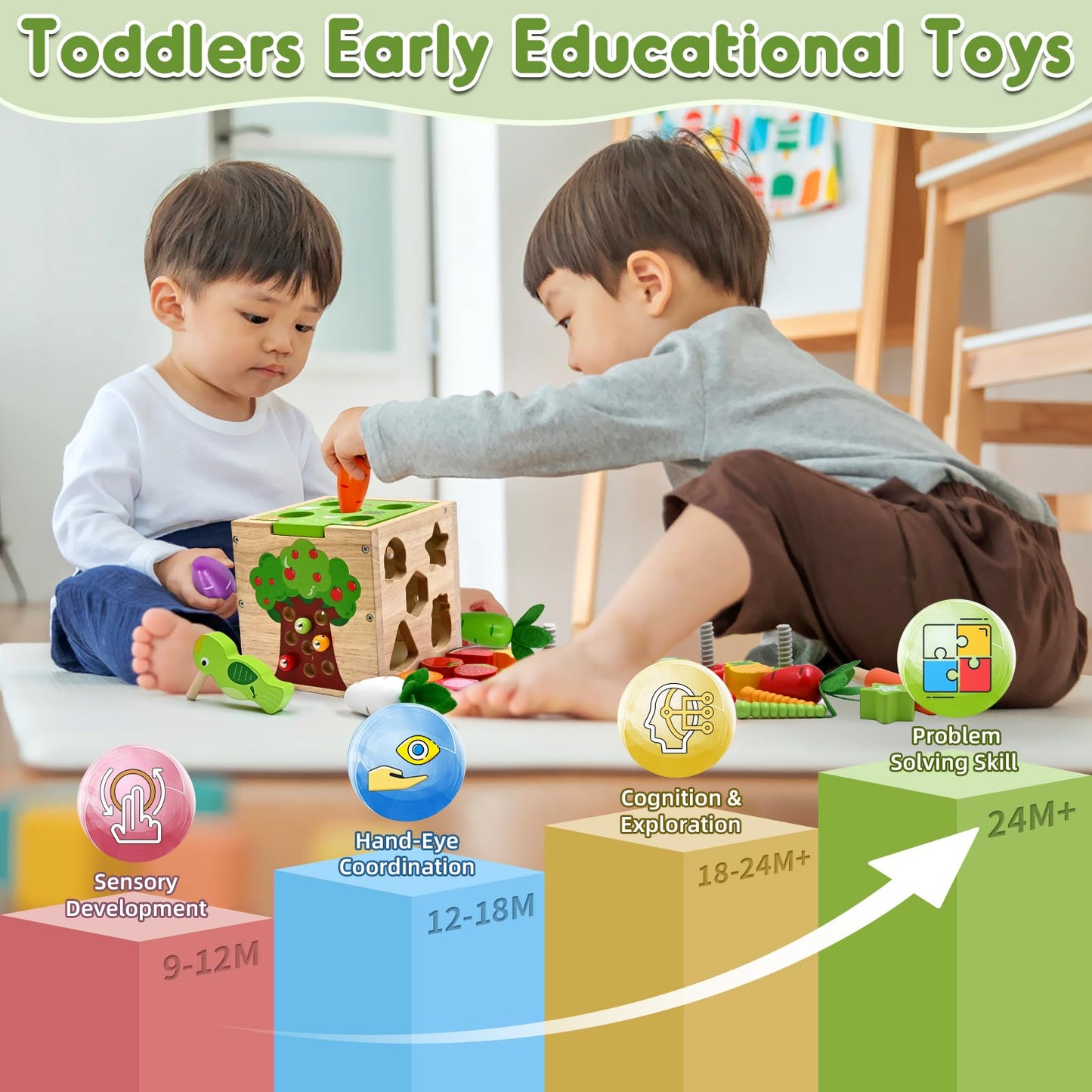 Motor Skills Cube 5 in 1 Activity Cube Toy from 1 2 3 4 Years Gift, 49 Pieces Montessori Educational Toy Wooden Toy for Children, Activity Centre Baby from 18 Months