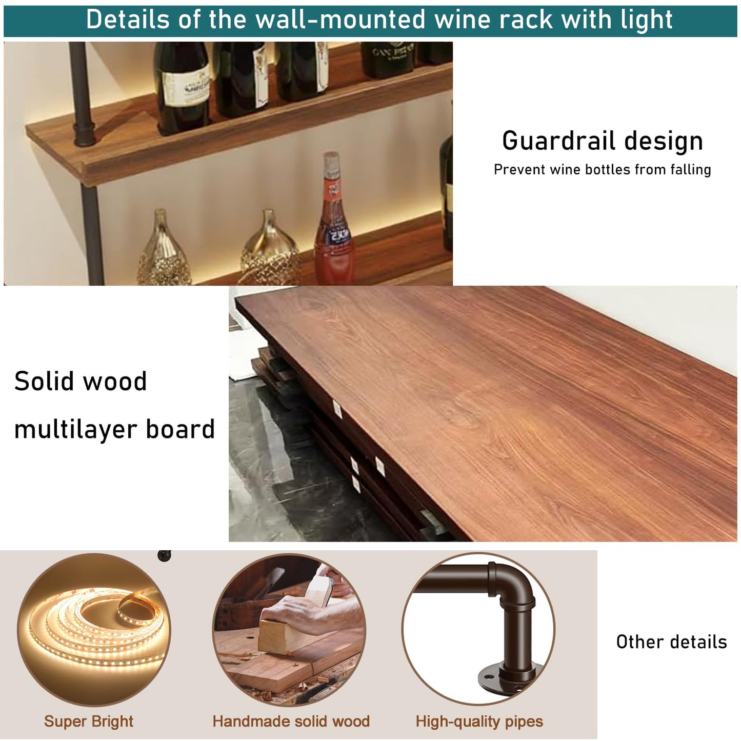 Dawselod Wandweinregal Mit LED-Beleuchtung, 4 Ebenen Massivholz Weinflaschenhalterung, Whiskeyregal mit Geländer, Modernes Weinlager Für Homebar, Küche, Gastronomie (Wood, 150 * 20 * 150cm)