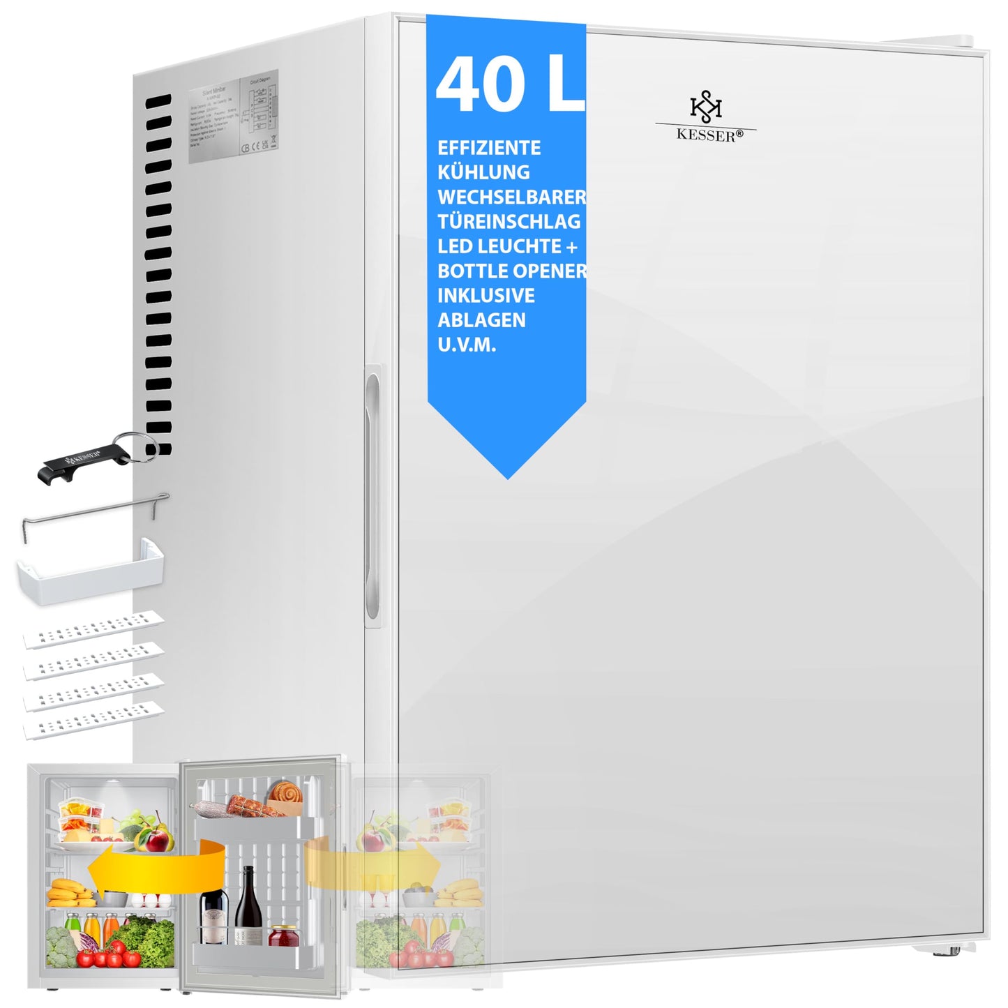 KESSER® Mini Fridge 40 L Lockable Mini Bar Ideal for Camping, Office, Bedroom, Hotel, Kitchen, Small Fridge Completely Silent, Interchangeable Door Hinge, Interior Lighting with Glass Opener