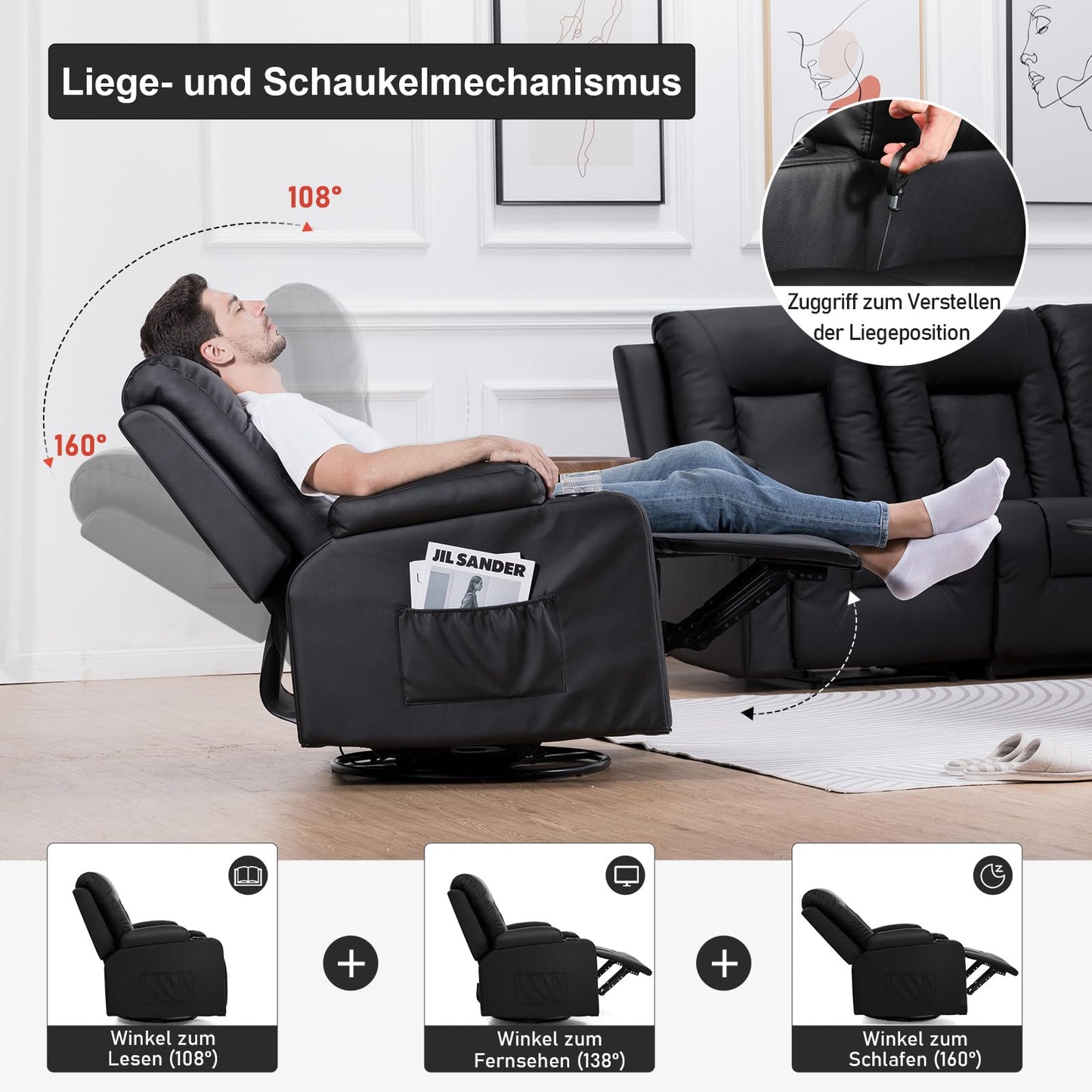 COMHOMA Relaxsessel-Set, Sofa, Sofa-Set aus Kunstleder, Fernsehsessel Ruhesessel Liegesessel mit Liege-Funktion Polstersessel Schlafsessel für Wohnzimmer Schlafzimmer Heimkino,Schwarz, 3+2+1