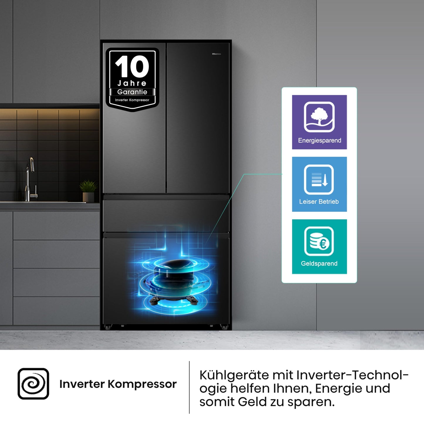 Hisense RF632N4WIE French Door Kühl-Gefrierkombination/ NoFrostPlus/ Inverter-Kompressor/ Wasserspender/ CrispZone/ 200 cm/ Kühlteil 336 l/ Gefrierteil 149 l/ 38 dB/ 295 kWh/ Jahr/ Inox-Look