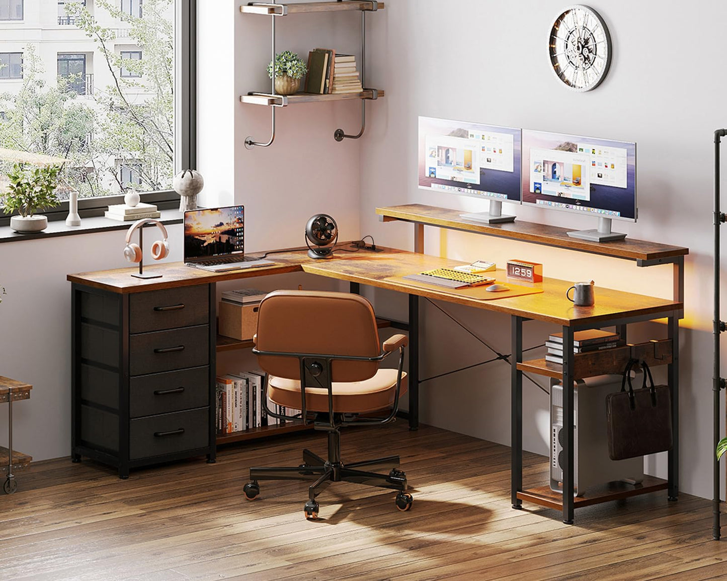 ODK Schreibtisch mit Schubladen, Reversible Eckschreibtisch mit 2 Steckdosen und 2 USB Ladeanschluss, Bürotisch L Form mit LED für Home Office 155×110cm (Alles Weiß)