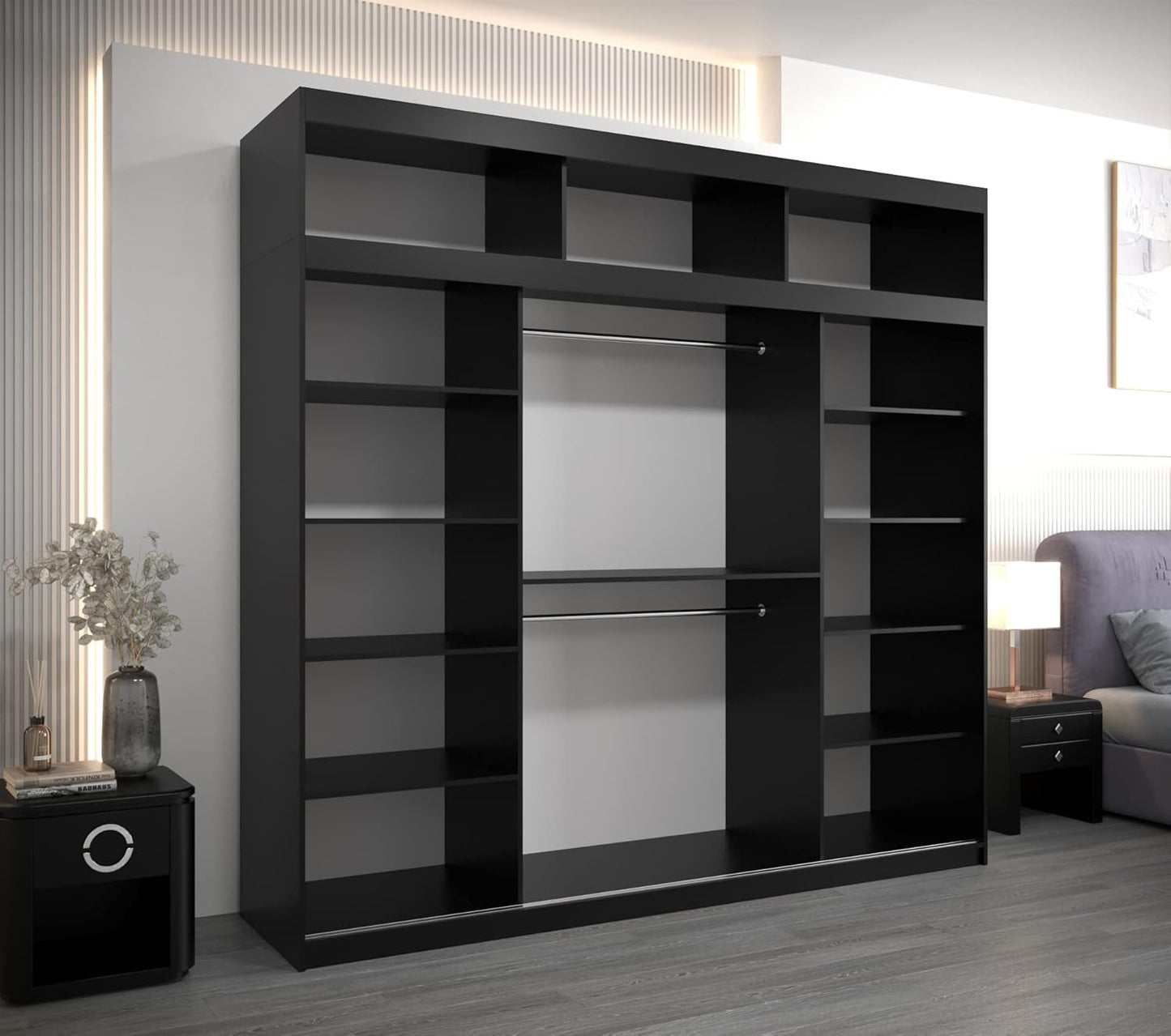 Kryspol Schwebetürenschrank York 250 cm Kleiderschrank mit Kleiderstange und Einlegeboden Schlafzimmer- Wohnzimmerschrank Schiebetüren Modern Design (Weiß)
