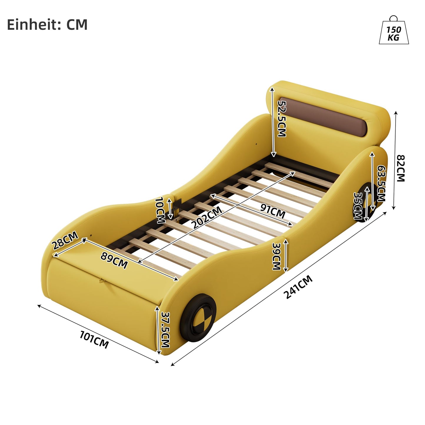 Autobett Kinderbett Jugendbett 90x200, Polsterbett Einzelbett mit leuchtenden Rädern&Stauraum, Aufregendes Auto Kinderbett für kleine Rennfahrer, Kinder Spielbett mit Lattenrost, PU,Ohne Matratze,Weiß