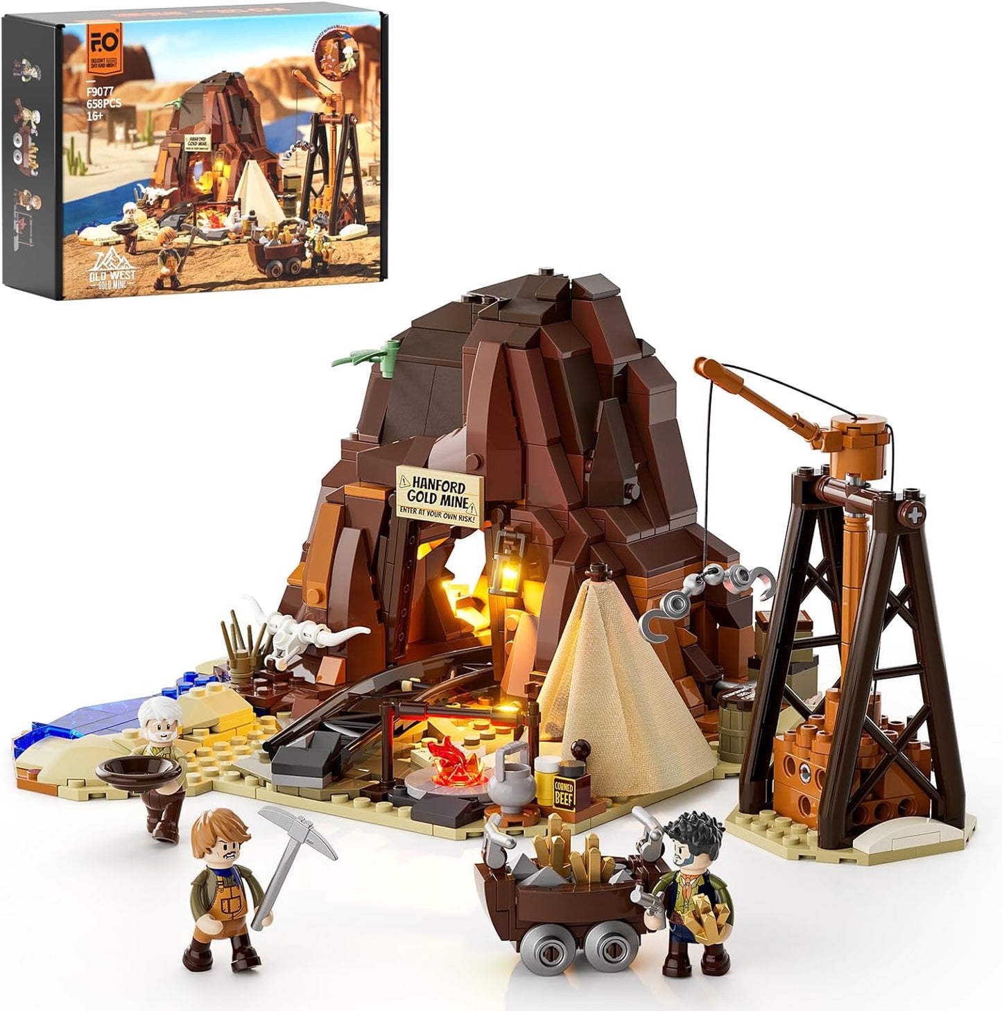 FUNWHOLE Goldmine Building Set with Lighting - 658 Building Blocks Western Mining Camp with Working Lorenwagon, Dynamite, Double-Sided Mini Figures & Tunnels - Wildwest Set for Adults & Teenagers