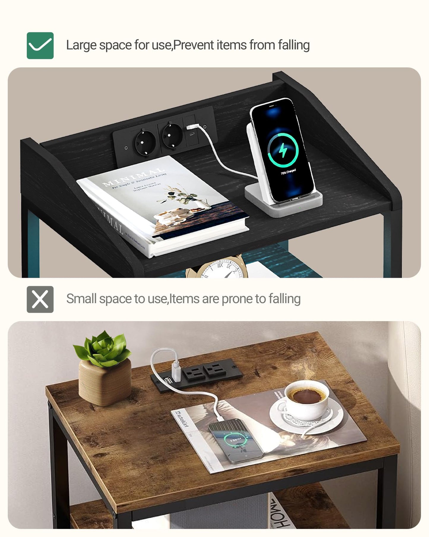 Hzuaneri Set of 2 Bedside Table with LED Lights and Charging Station, Side Table with 2 Fabric Drawers and Shelves, with USB Ports & Sockets, for Bedroom, Living Room, White NS36213W