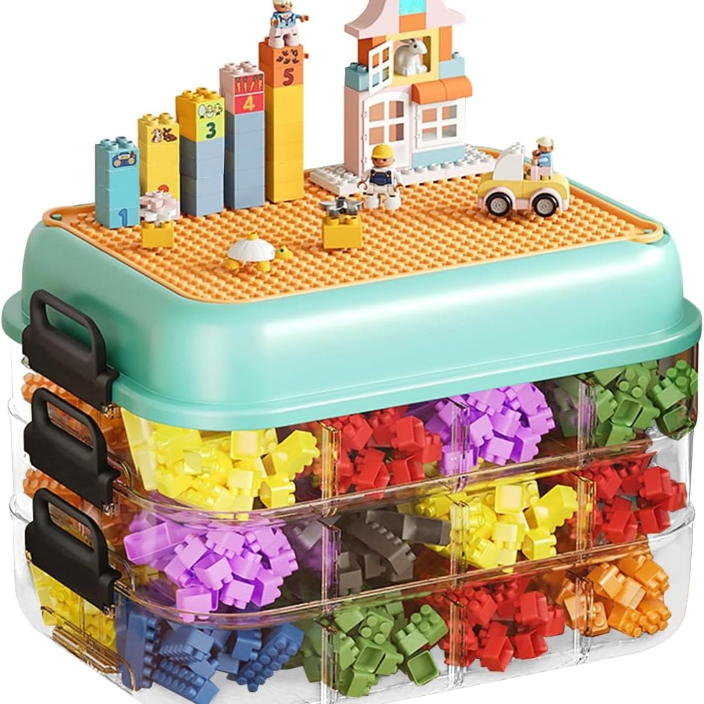 TEYOUAI Aufbewahrungsboxen Organizer mit Deckel für Lego Cube 3 Schichten Stapelbar Klar Spielzeugkiste für Bausteine Steine Puzzle Board Organizer Zubehör Grün