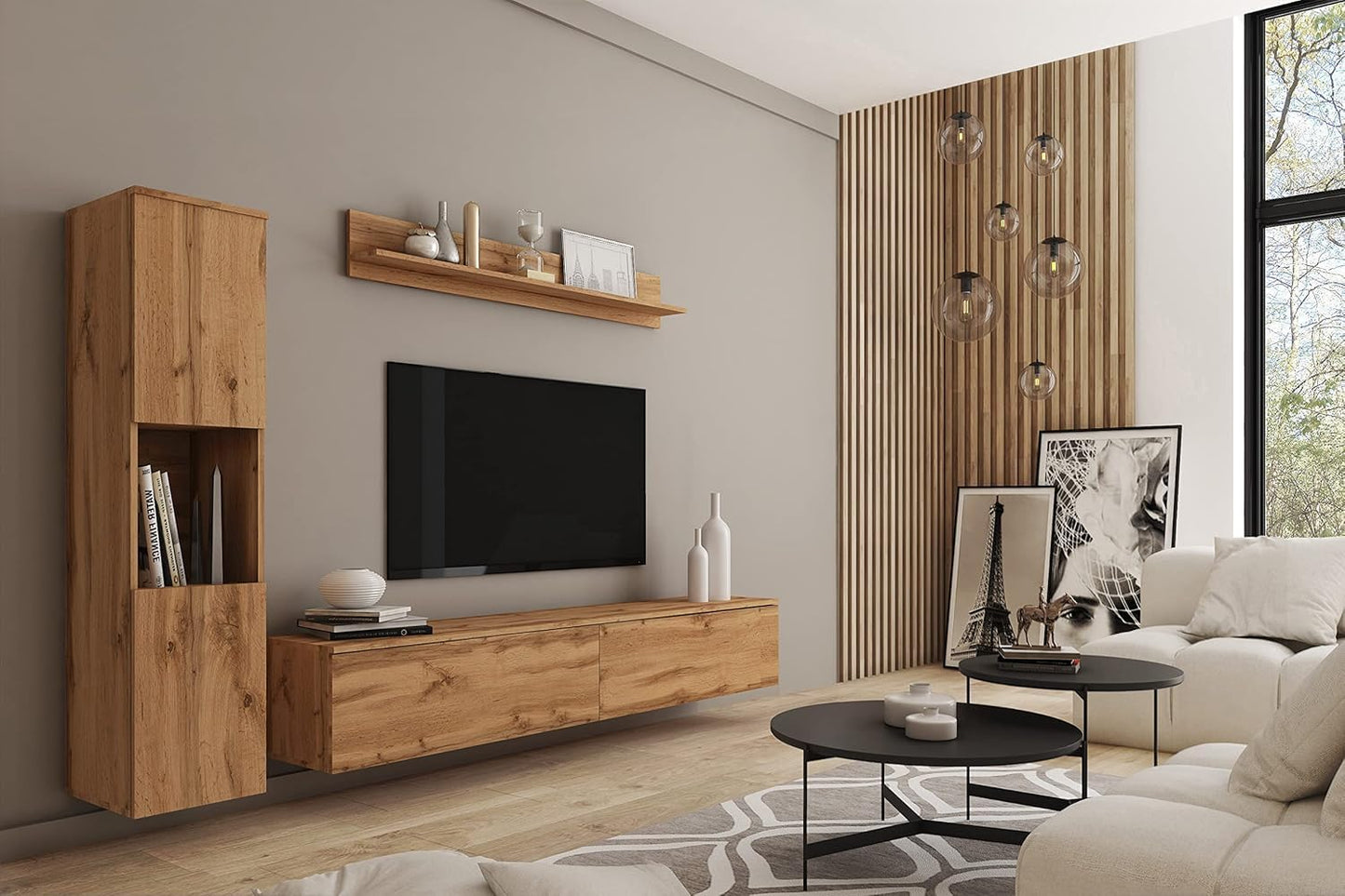 MINIO go for it - Parma XL Wall Unit, 4-Piece Set, with LED Lighting, Hanging or Standing, 2 x Highboard, Lowboard, Wall Board, Laminated Chipboard, Colour: Wotan Oak