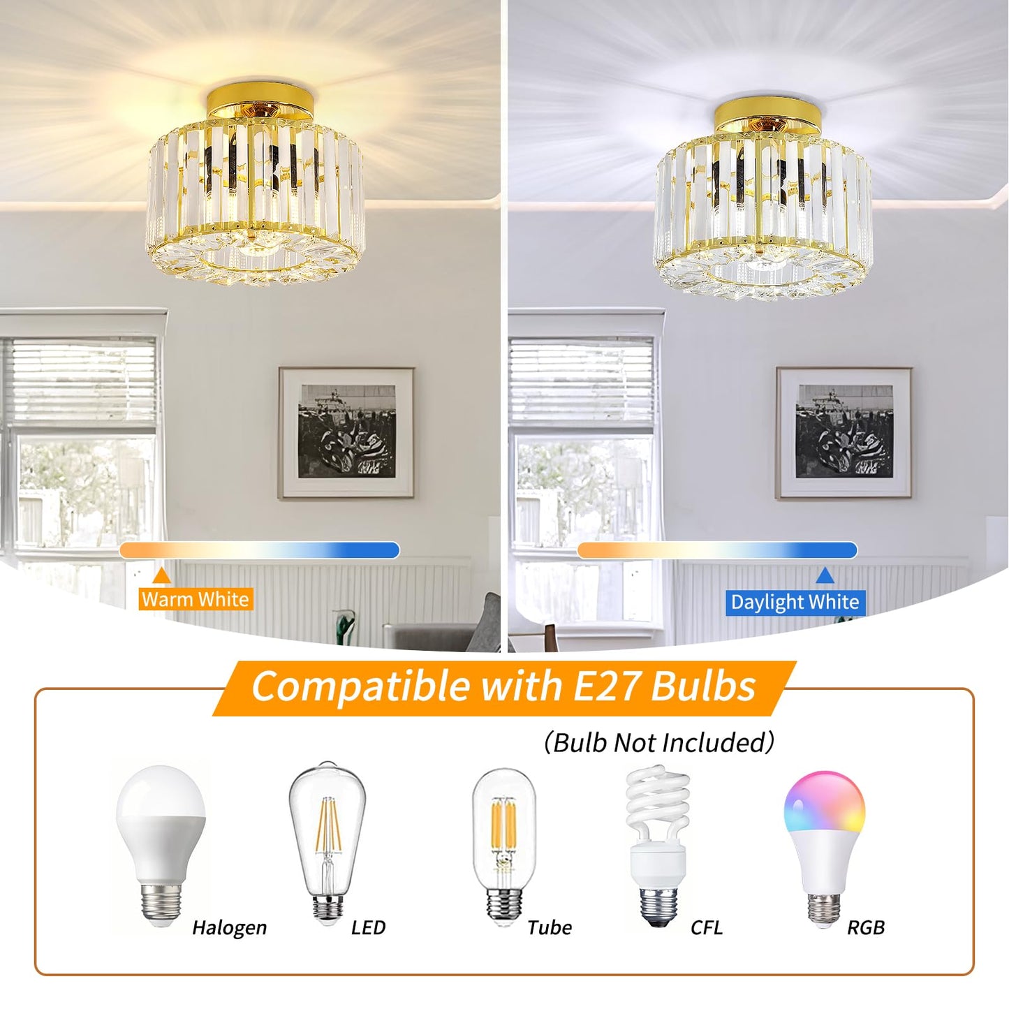 FRIDEKO HOME Modern Kronleuchter Kristall Deckenleuchte Gold,Kleine Kristall Deckenlampe E27 Fassung für Wohnzimmer Schlafzimmer Küche Flur,Ø23cm