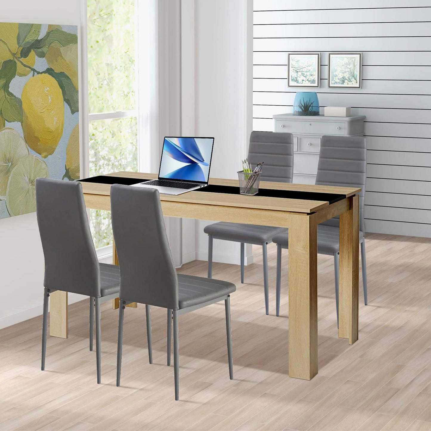 FURNITABLE Esstisch mit 4 Stühlen Esszimmergruppe, 4er Set Esszimmerstühle und Rechteckig Holztisch Essgruppe für Wohnzimmer Küche Büro (110 * 70cm Tisch+4 Schwarz Stühle)