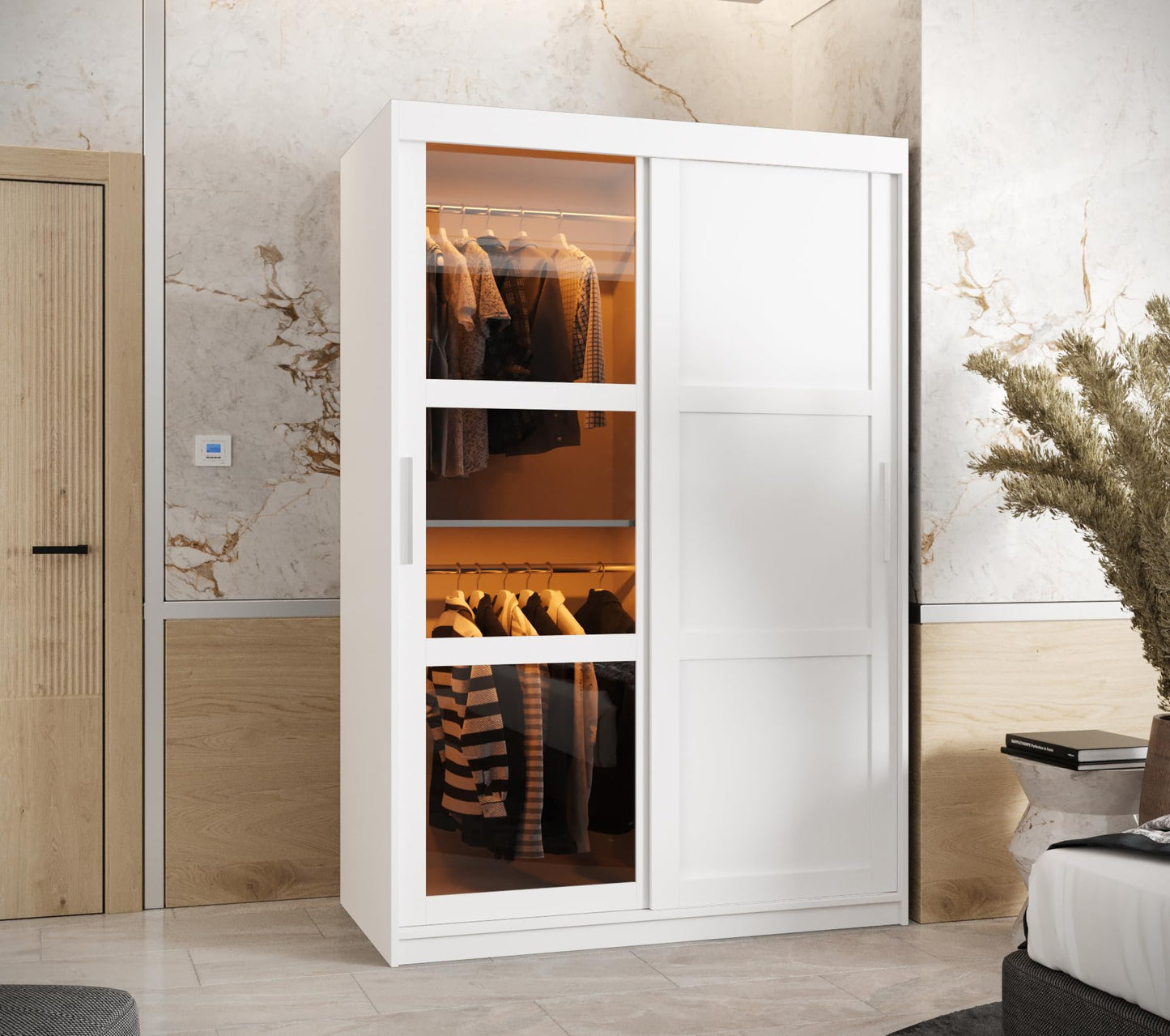 MEBLE KRYSPOL Dome 2 Schrank mit DREI Schiebetüren mit Spiegel, Stangen und Regalen - Aufbewahrungsschrank mit Rauchglas für Schlafzimmer, Wohnzimmer - 200x250x62cm - Schwarz, Schwarz, Schwarz