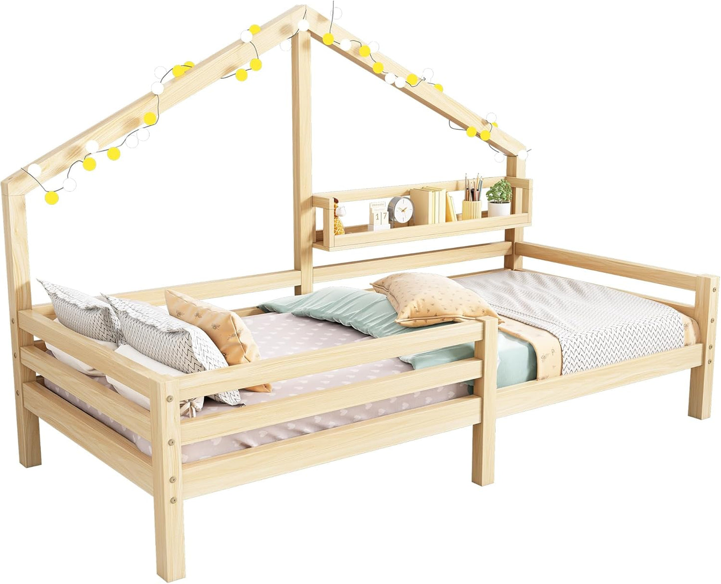 Merax Children's Bed 90 x 200 cm with Fall Protection, Children's House Bed with Drawers and Storage Shelf, Sturdy Wooden Tree House Bed with Slatted Frame, Play Bed for Boys and Girls, White