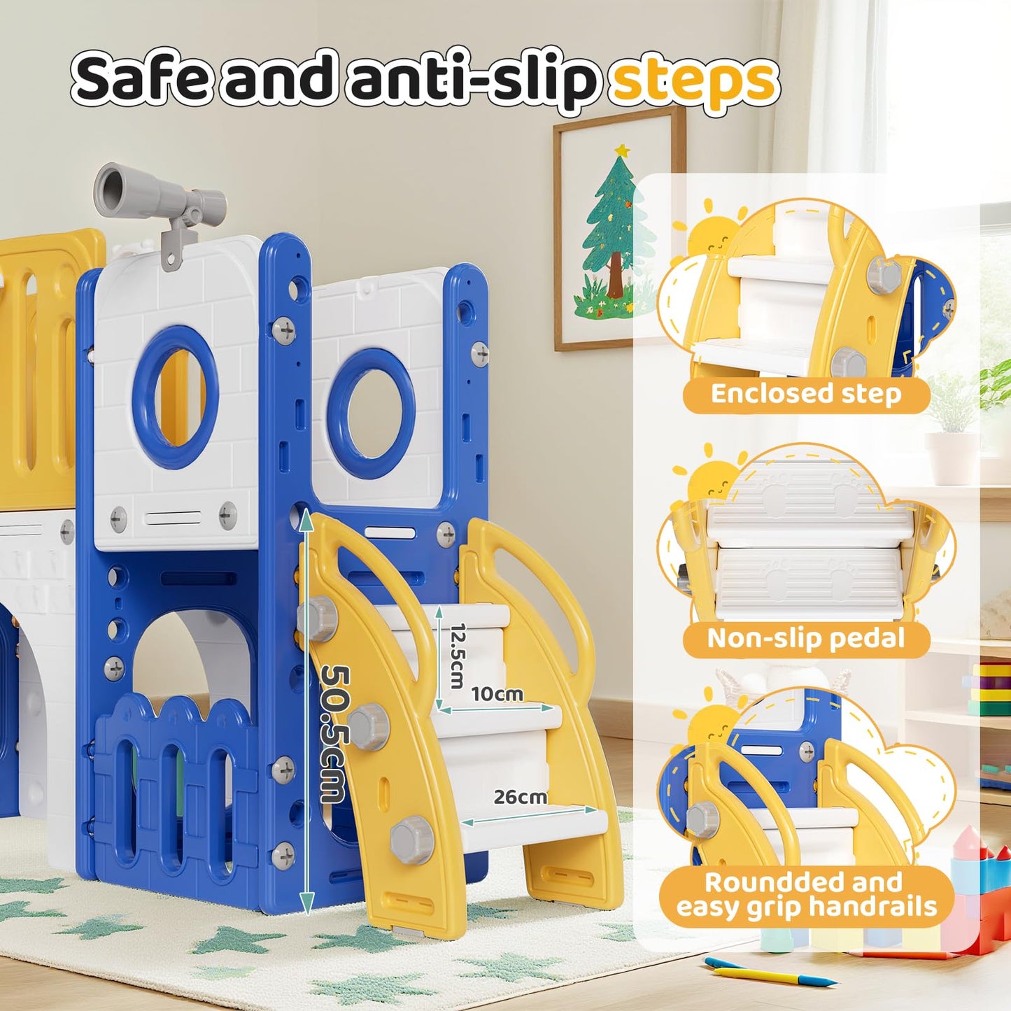 MAMIZO 9 in 1 Kinderrutsche, Kinder Rutsche mit Klettergerüst, Indoor & Outdoor Rutsche mit Basketballkorb und Teleskop, Tunnel, Stauraum, Gartenrutsche,Kinder Spielplatz, mit 2PCS Moduls, Gelb Blau