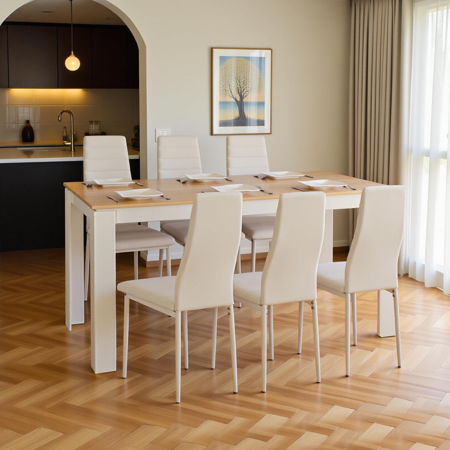FURNITABLE Esstisch mit 6 Stühlen Esszimmergruppe, Essgruppe mit Hochlehner Kunstleder Stuhl für 6 Personen, Sitzgruppe für Küche Wohnzimmer(160cm Eiche-Weiß Tischbein Tisch+6 Schwarz Stühle)