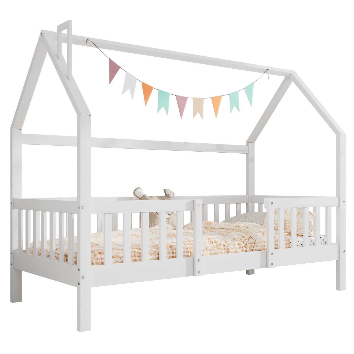 Merax Kinderbett 90x200cm mit Rausfallschutz, Kinder Hausbett mit Schubladen und Ablageregal, Stabiles Holz Baumhausbett mit Lattenrost, Spielbett für Jungen & Mädchen, Weiß