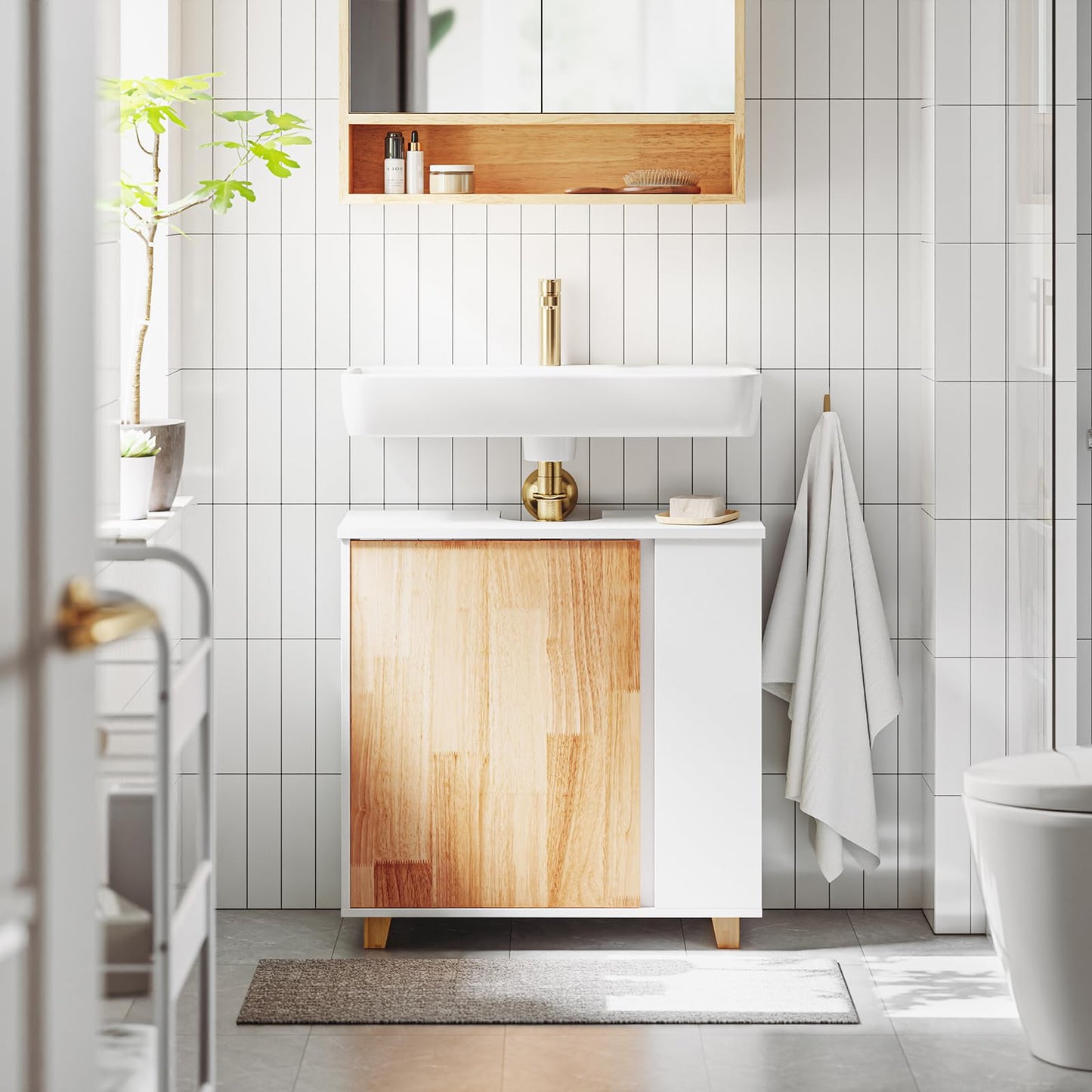 SoBuy BZR75-W Vanity Unit Bathroom Furniture - Bathroom Cabinet with Siphon Cut-Out, 2 Doors & 2 Open Compartments - Space-Saving Vanity Unit, White / Natural 60 x 60 x 29 cm