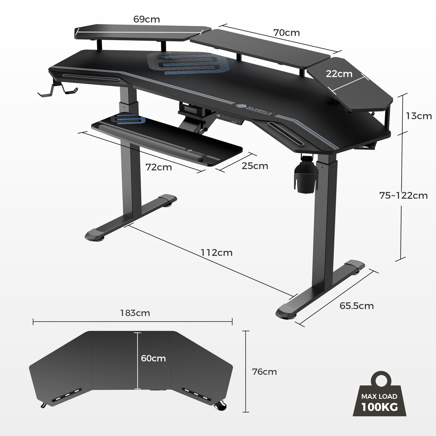 EUREKA ERGONOMIC Height Adjustable Desk 182 x 76 cm Standing Desk in Wing Shape Gaming Table Height Adjustable Electric Large Gaming Desk with LED Monitor Stand and Keyboard Shelf