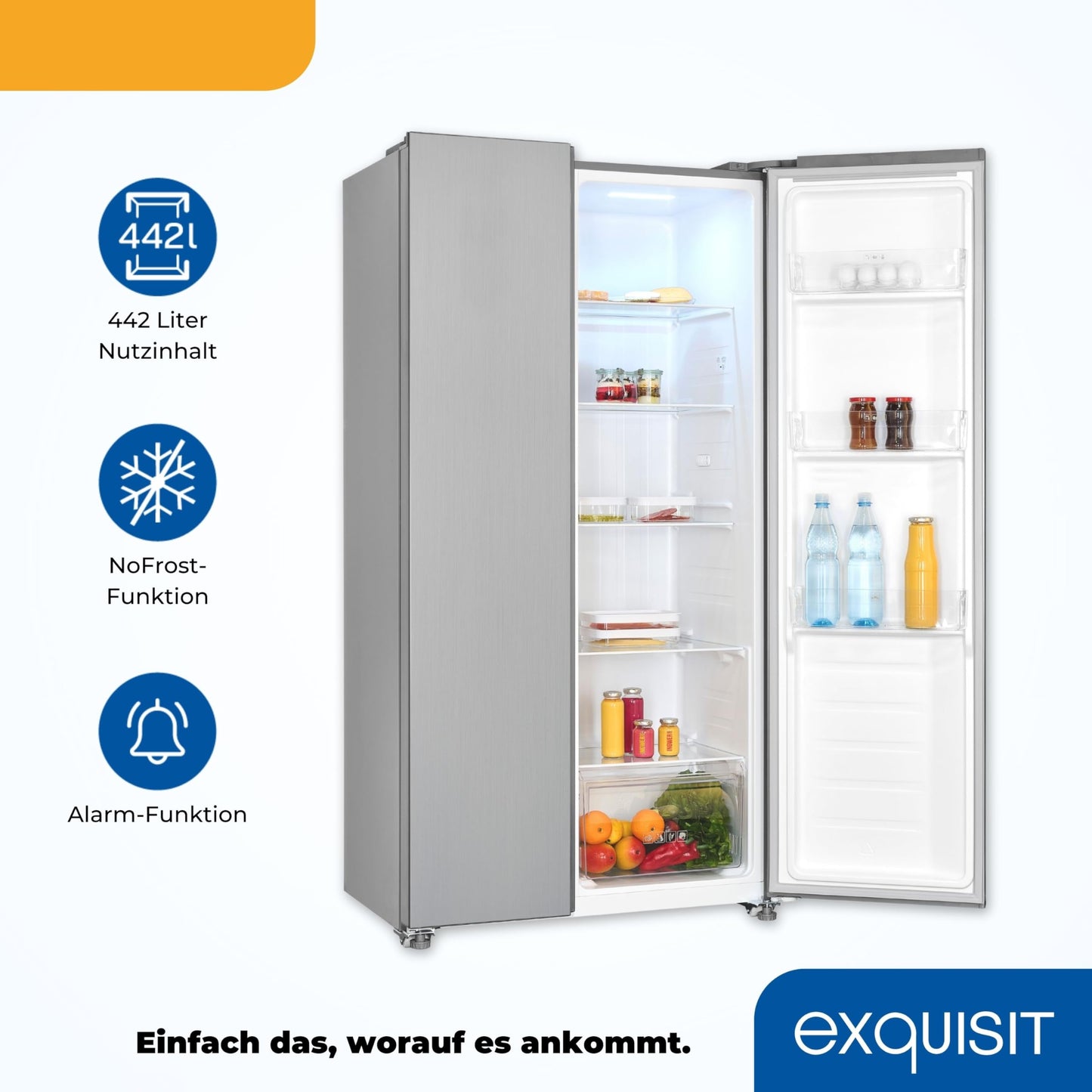 Exquisit Side-by-Side Fridge, Fridge-Freezer, NoFrost, 442 Litres, Quick Freeze, Alarm, 4-Star Freezer, LED Display, SBS546-040E inoxlook-az