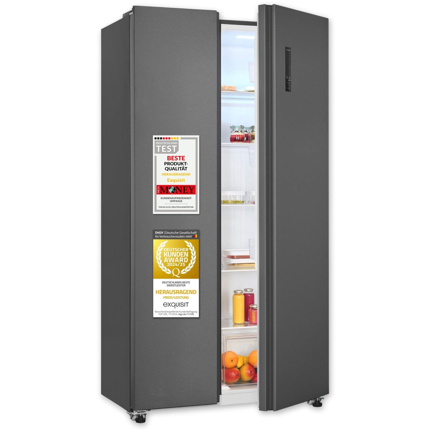 Exquisit SBS546-040E Side-by-Side Fridge-Freezer, 442 Litres, No-Frost, LED Display, 10 Shelves, Quiet Operation, 91 cm Width, White