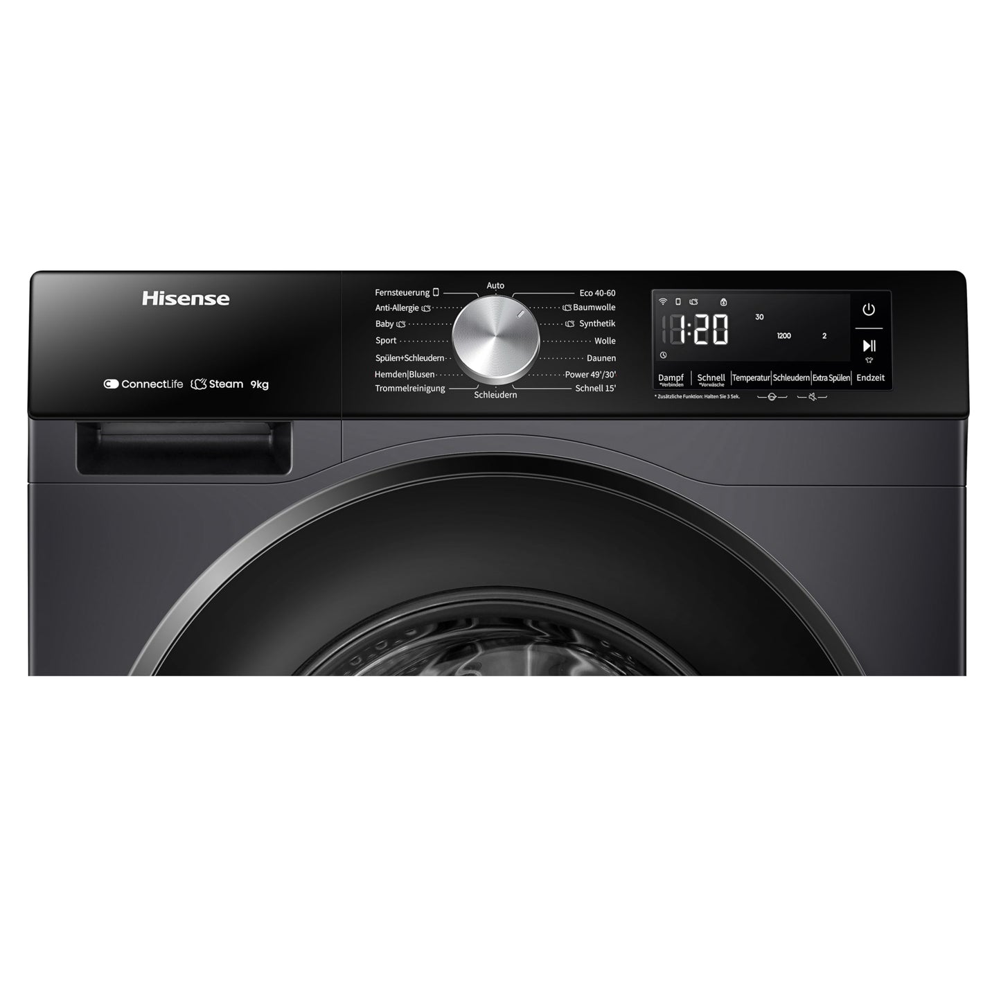 Hisense WF3S8043BB3 Waschmachine mit Dampffunkunktion, 8 kg, 1400 U,min, WIFI, ConnectLife, Power JetWash, Anti-Allergie Programm, Aqua Stop, Auto Wash, Quick Wash, EEK A-30 Prozent
