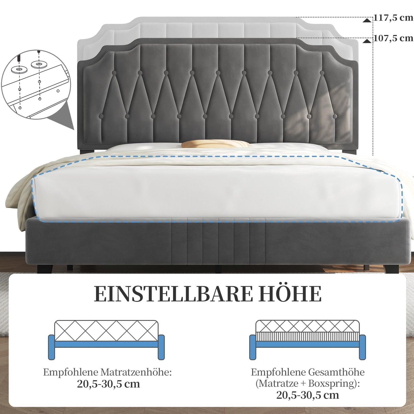 Yaheetech Upholstered Double Bed 140 x 200 cm Fabric Bed Youth Bed Padded Bed with Height-Adjustable Headboard Bed Frame with Slatted Frame, Dark Grey