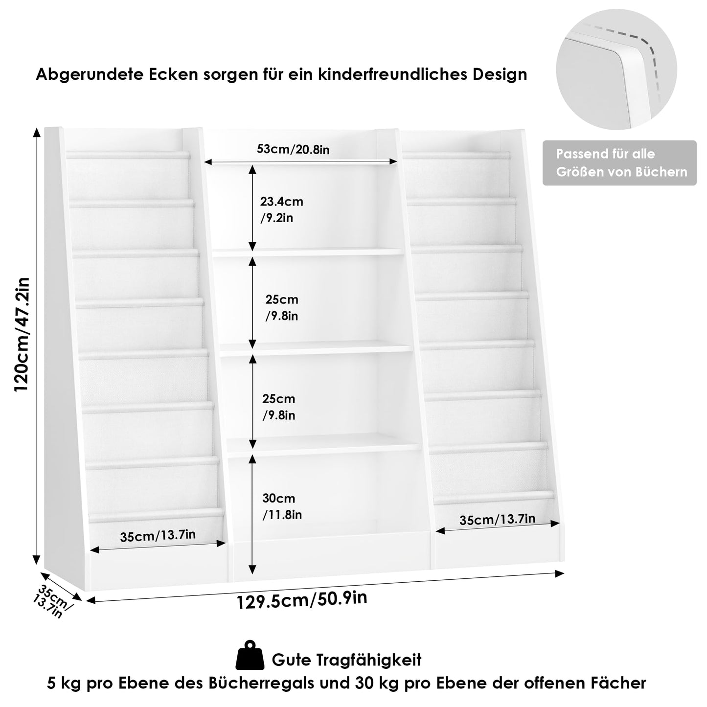 FOREHILL 129 cm Breite Kinderregal, Bücherregal für Kinder mit 14 Ablagen, Kinderzimmer Möbel aus Holz, Spielzeugregal, Regal für Kinderzimmer, Kindergarten, Leseecke, 129 x 120 x 35 cm (weiß)