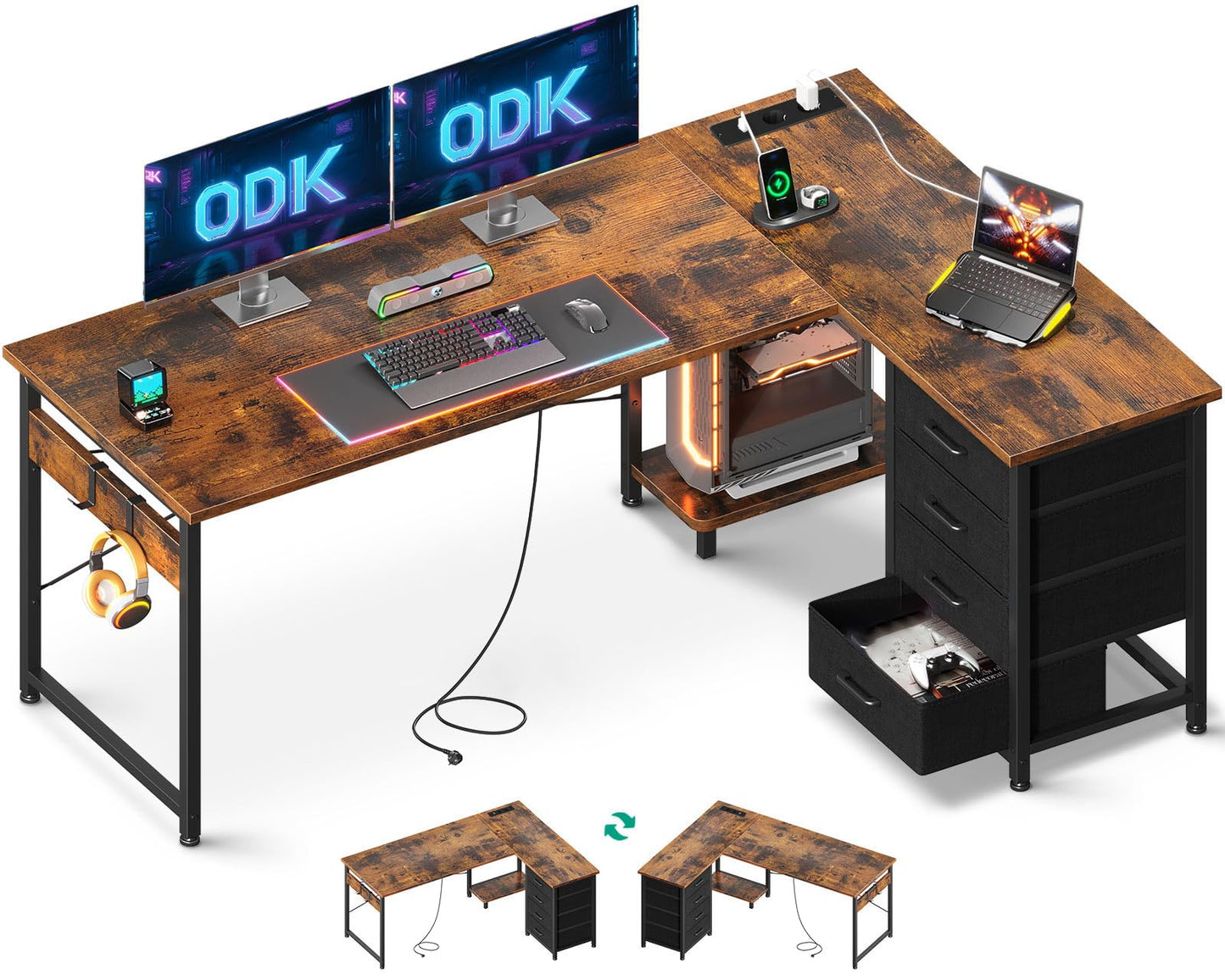 ODK Corner Desk with 4 Drawers, 135 x 100 cm, L Shape Desk with Socket and USB Charging Port, Reversible Desk with Storage Space for Home Office and Gaming, Black