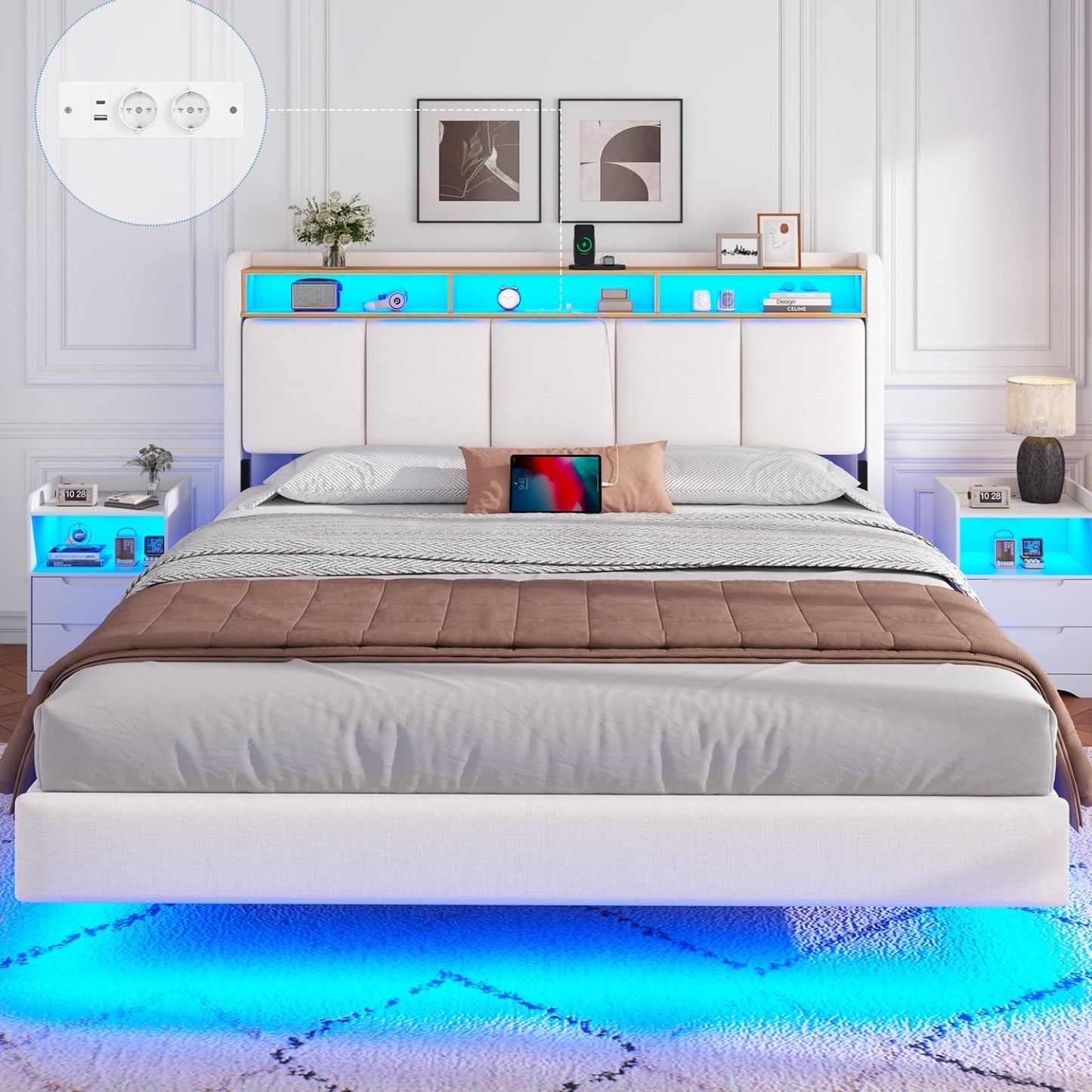 Brinlawb Upholstered Bed 140 x 200 cm Floating Bed with LED Lighting, Headboard and Charging Station (2 AC Sockets, 2 USB Ports), Bed 140 x 200 cm with Storage Space, Modern Double Bed with Slatted
