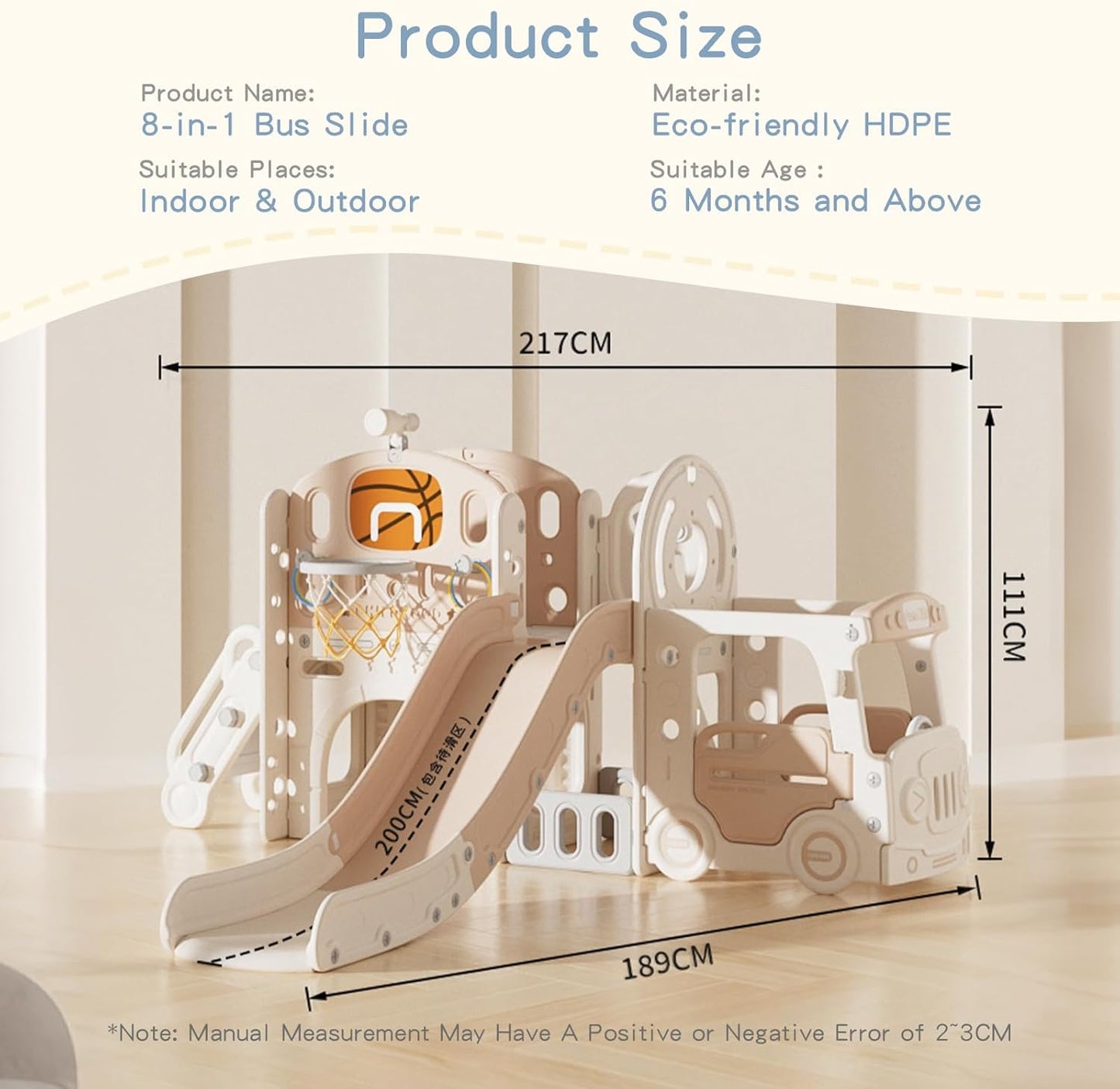 Kakbgee 8-in-1 Kinder Rutsche, Baby Slide, Mini-Bus, 2m HDPE Kinderrutsche - mit Geländer, Futschfesten Stufen, Tunnel, Stauraum, Gartenrutsche Spielplatz für Drinnen/draußen, ab 6 Monaten, Grau