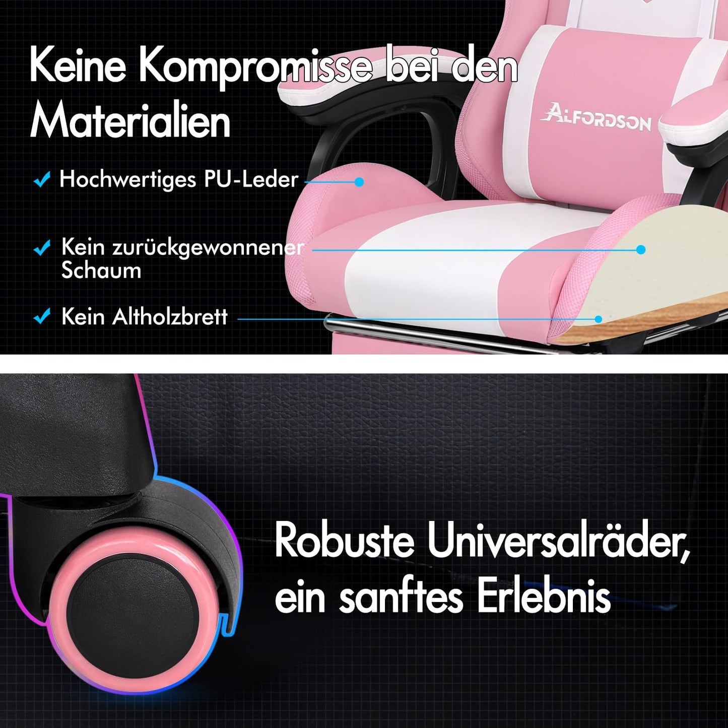 ALFORDSON Gaming Stuhl mit 8-Punkt Massage 12 Farben RGB LED-Licht, Bürostuhl Ergonomisch mit fußstützen, Kopfstütze Lendenkissen für Kinder Erwachsene, Schwarz