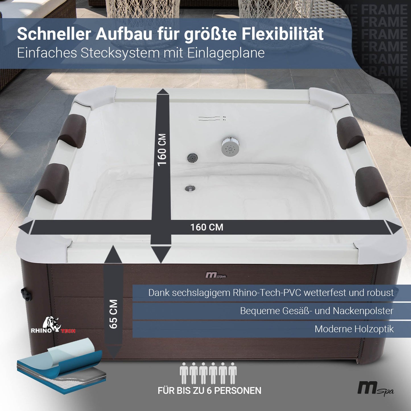 Miweba Whirlpool MSpa Tribeca mit Fester Außenwand | Pool mit App Steuerung | Spa für 6 Personen | 160x160x65cm | 120 Massagedüsen | Ganzjähriger Einsatz Winterfest | In & Outdoor Pool | Aufstellpool