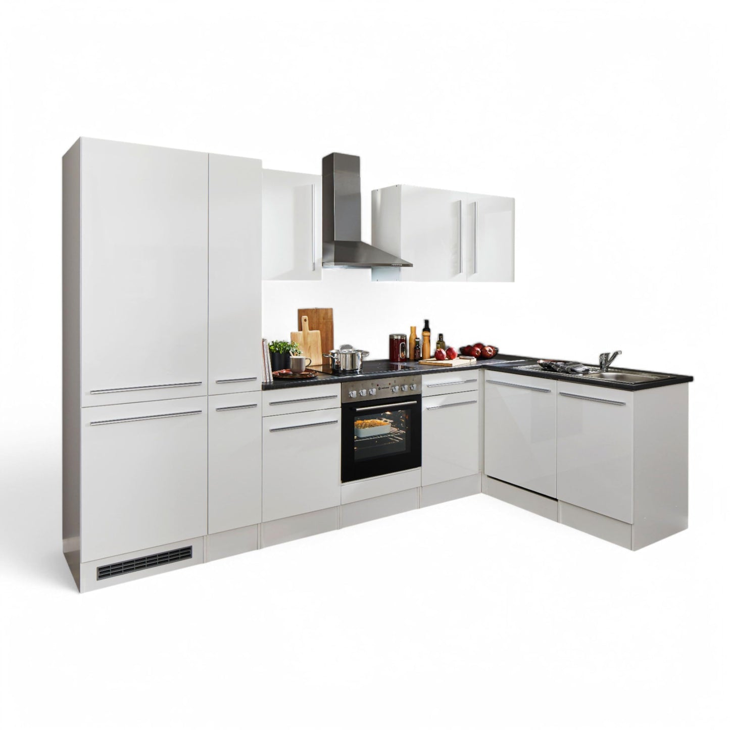 Jazz 8 Modern Corner Kitchen without Electrical Appliances in White High Gloss, Metallic Grey - Spacious Kitchen Unit in L-Shaped with Lots of Storage Space - 220 x 211 x 60 cm (W x H x D)