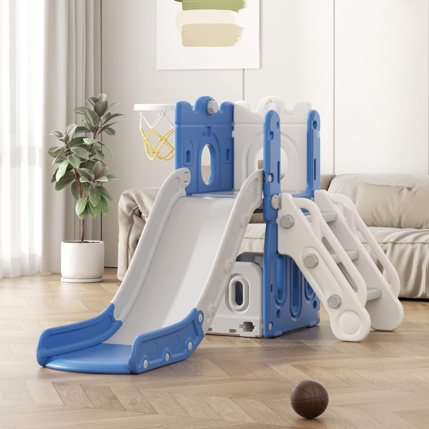 Rutsche mit Klettergerüst für Kinder: Indoor Spielplatz mit - Aufbewahrungsbox Tunnel Treppenleiter Basketballkorb und Durchgangsbereich Gartenrutsche (Star Set-G-Brown)