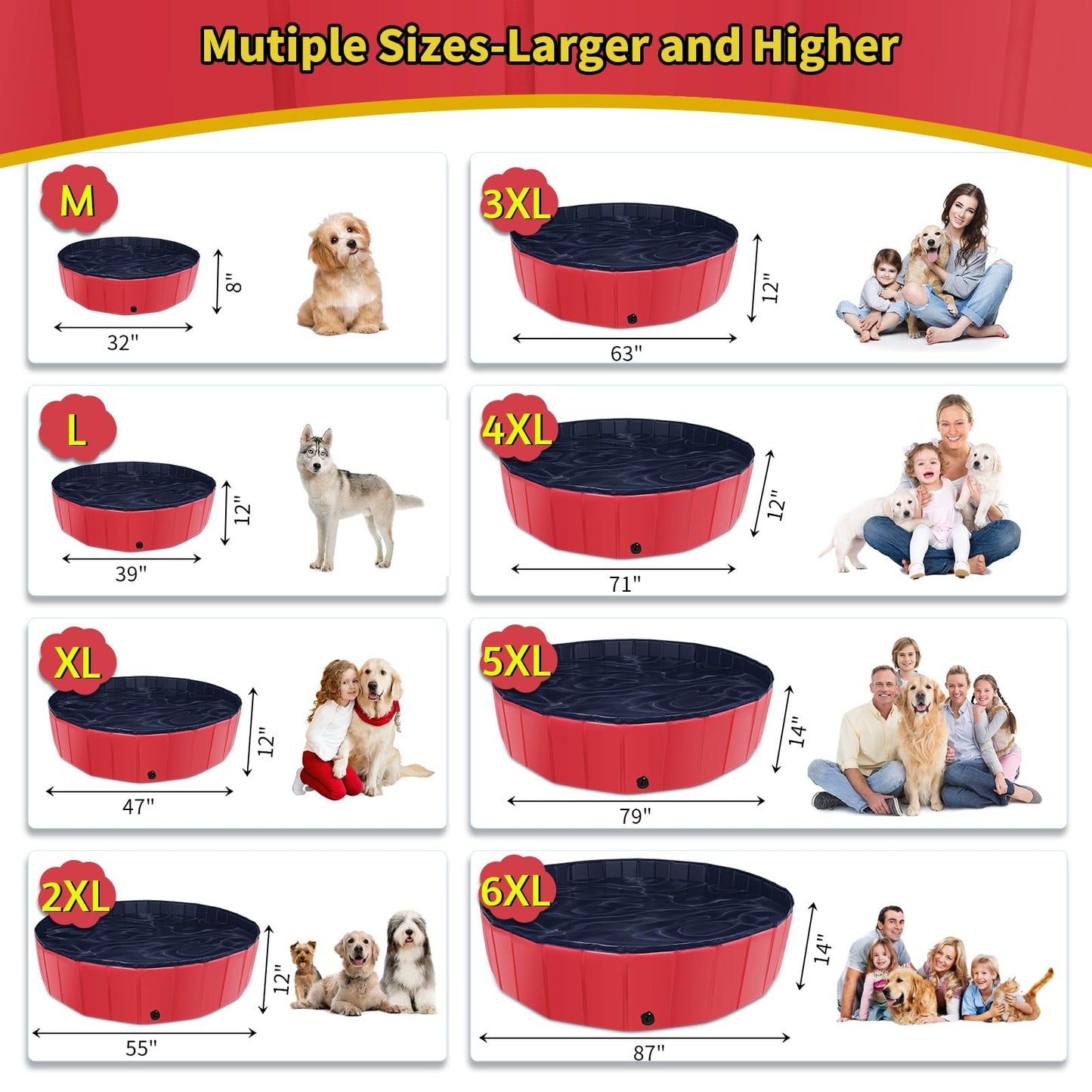 CACSPS Faltbarer Hundepool, 221 x 30,5 cm, Kinderpool mit Hartplastik, rutschfeste Hundebadewanne für den Außenbereich, Hinterhof, Faltbarer Hundepool für Kinder, Hunde, Haustiere (rot)