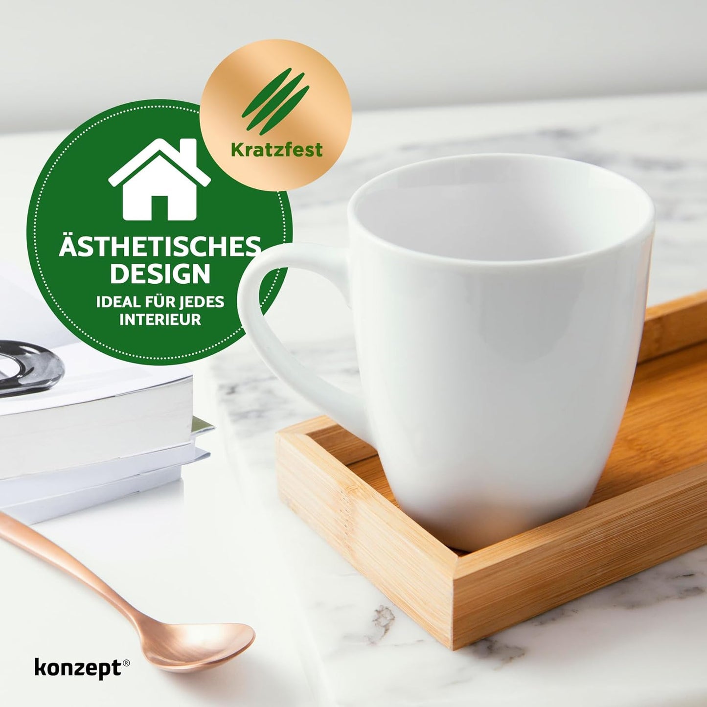 KONZEPT Kaffeebecher aus Porzellan 300 ml, Kaffeetassen Set 6er, Tassen zum Bemalen mit Henkel, Teetassen in Weiß