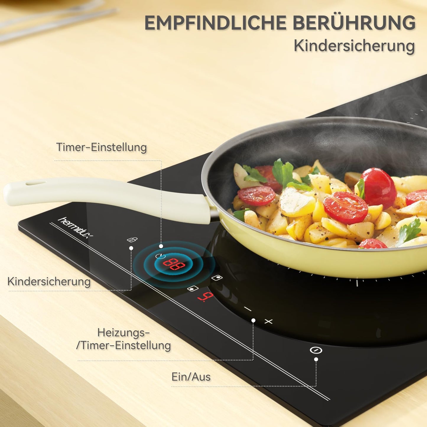 Hermitlux kochfeld 28,8cm, Glaskeramik Kochfeld 2 Platten, 9 Leistungsstufen, Touch-Steuerung, Timer, Kindersicherung, Geeignet für Alle Töpfe, 3300W