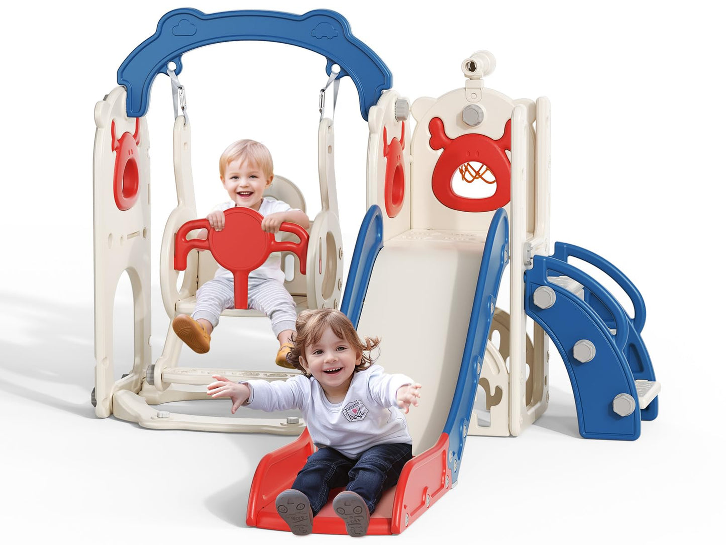 Krovtoy Kleinkindrutsche mit Weihnachtselch-Motiv, freistehende Kleinkindrutsche mit Golf-Set, Babyrutsche, Spielplatzgerät, für den Innen- und Außenbereich (Grau Beige - 6 in 1)