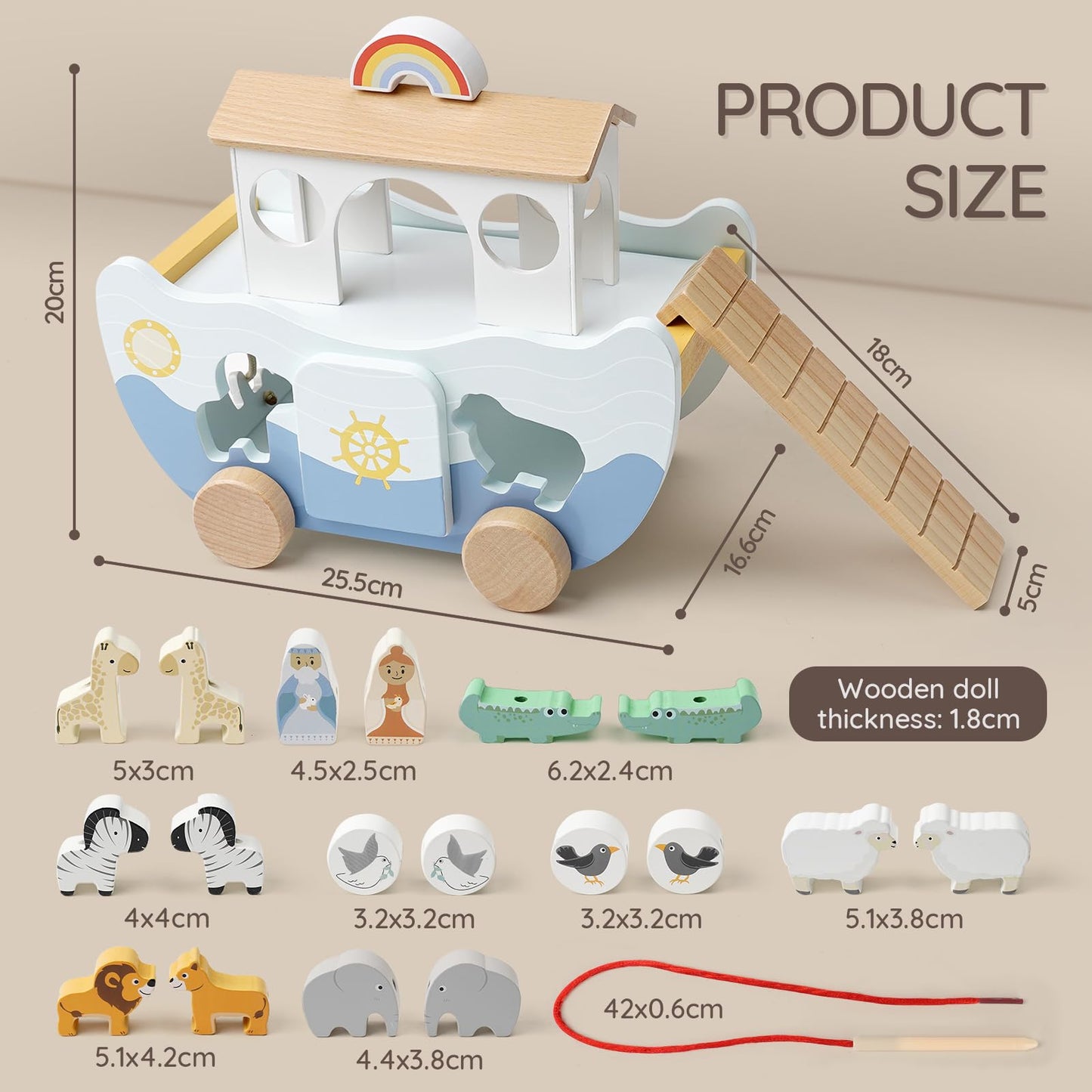 Joyreal Arche Noah Holz - Taufgeschenke für Mädchen Jungen Kinder, Geschenk Taufe, Montessori Spielzeug Lernspielzeug mit Bauernhof Spielzeug Sortier Stapel