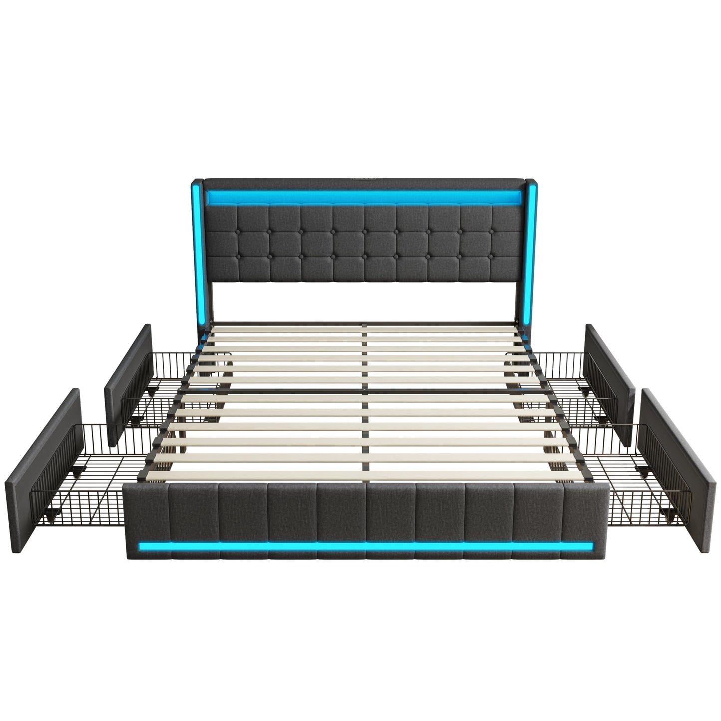KeepGoon Doppelbett 140 x 200 cm,Polsterbett mit LED-Leuchten, 4 Eisenschubladen und einem USB Ladeanschluss,Stauraumbetten Bettgestell,Leinenstoff (Beige)