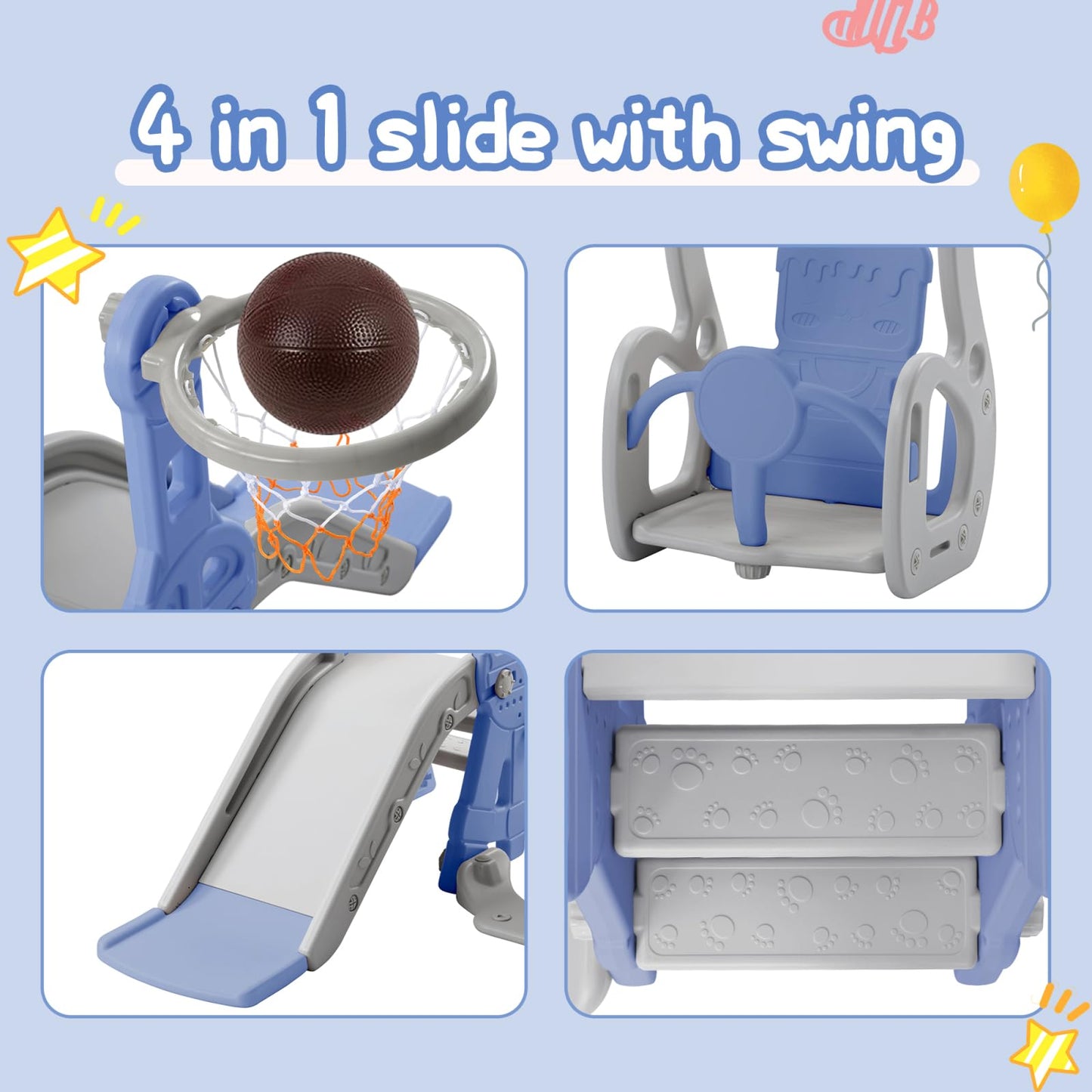 Kinderrutsche, Babyschaukel, 4 in 1, mit Schaukeln, Treppen, Gleiten, Basketballgestellen, Spielplatz für drinnen und draußen, multifunktionale Rutsche (Rosa, Kaninchen)