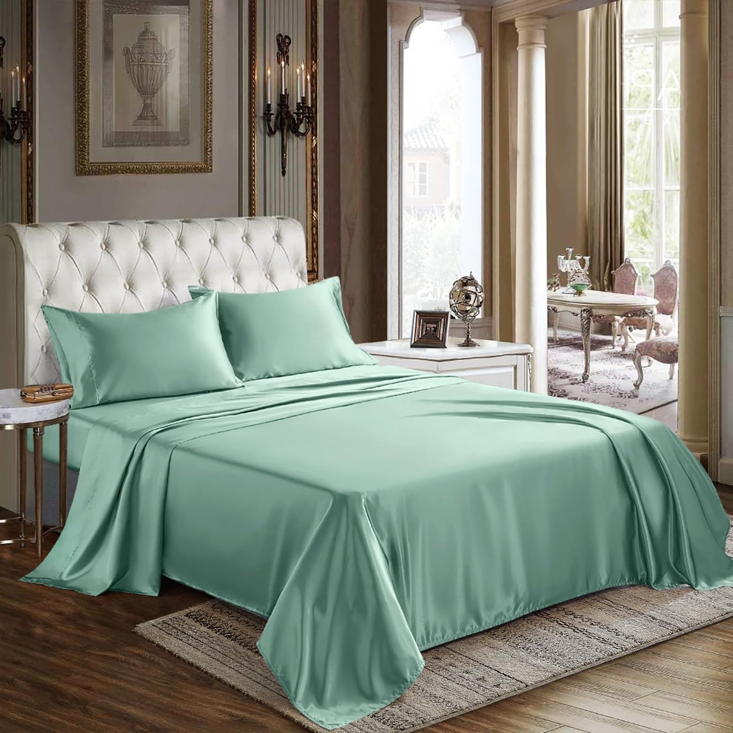 CozyLux Satin Sheets Queen Size - 4 Piece Black Bed Sheet Set with Silky Microfiber, 1 Deep Pocket Fitted Sheet, 1 Flat Sheet, and 2 Pillowcases - Smooth and Soft