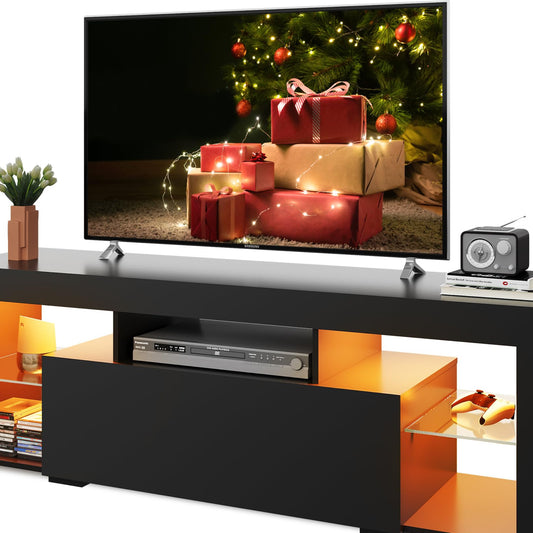 WLIVE TV Cabinet with LED, Lowboard Black for TVs up to 60 Inches, TV Stand for Living Room, 20 Colours LED Lighting, TV Cabinet with Open Storage Space and Drawers, Black